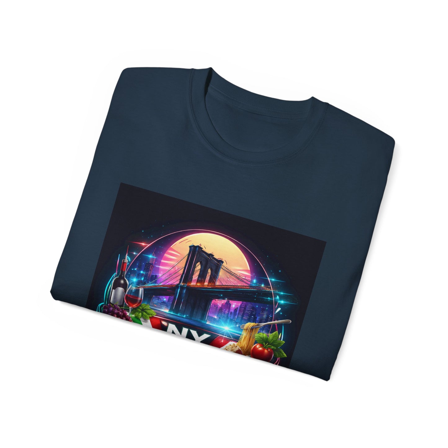 NY Italian Culture T‑Shirt — Retro Neon Brooklyn Bridge Graphic