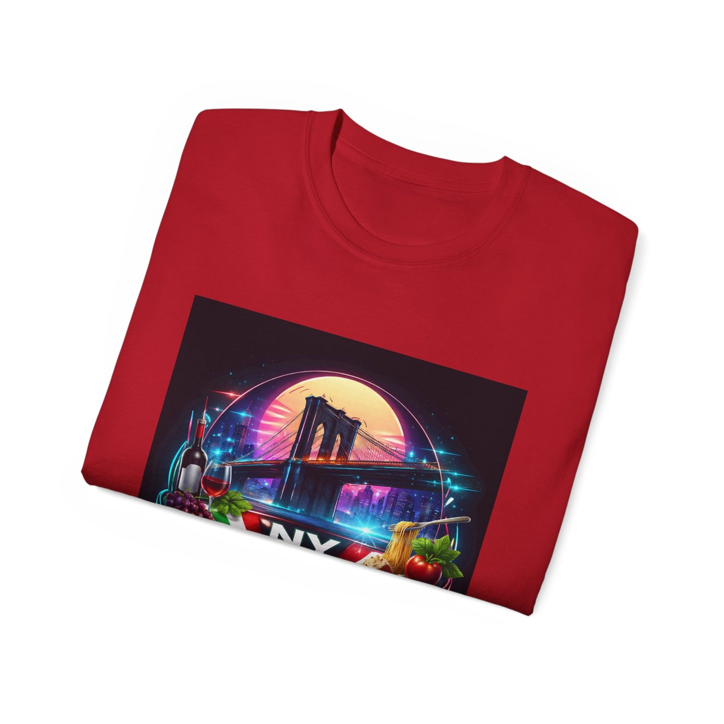 NY Italian Culture T‑Shirt — Retro Neon Brooklyn Bridge Graphic