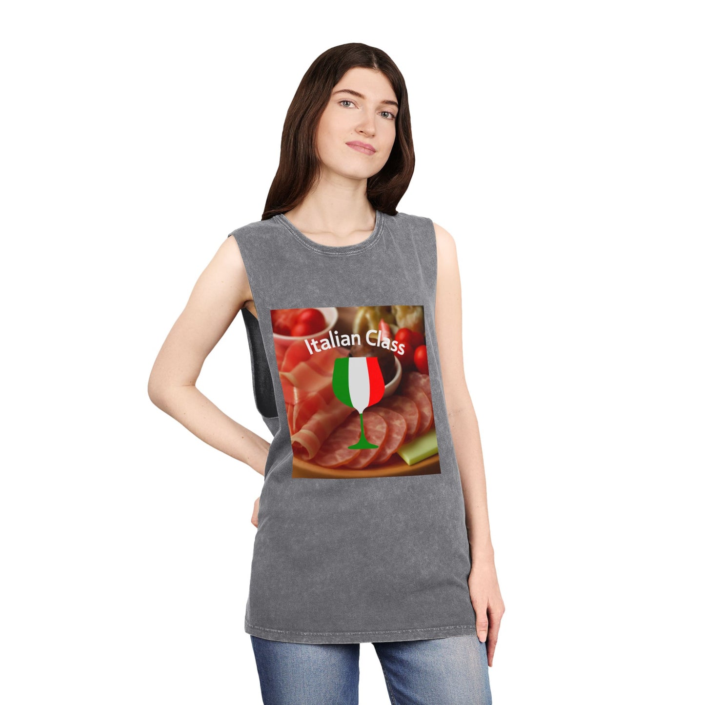Italian Class Unisex Stonewash Tank Top | Casual Summer Wear, Gift for Food Lovers, BBQ Attire, Vacation Apparel, Culinary Humor