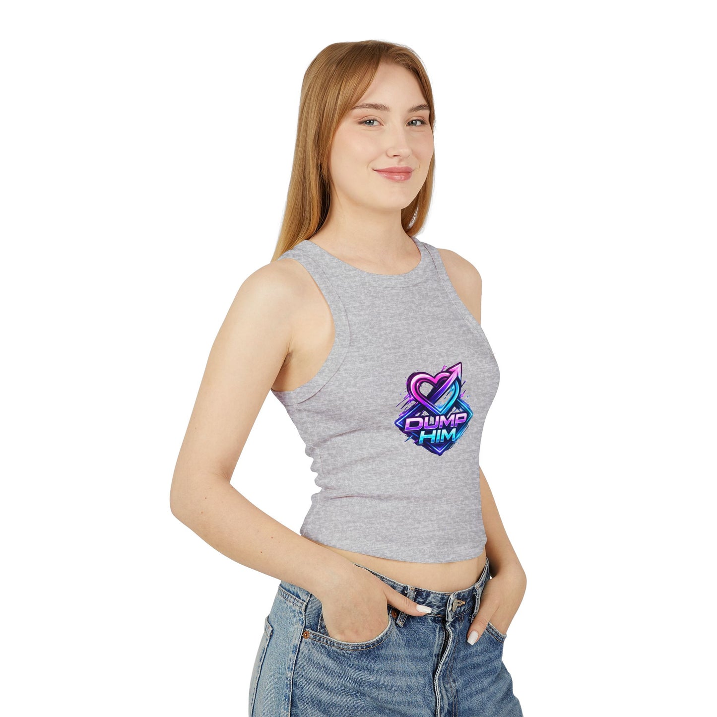 Dump Him Graphic Racer Tank Top — Bold Retro Heart Breakup Tee for Women