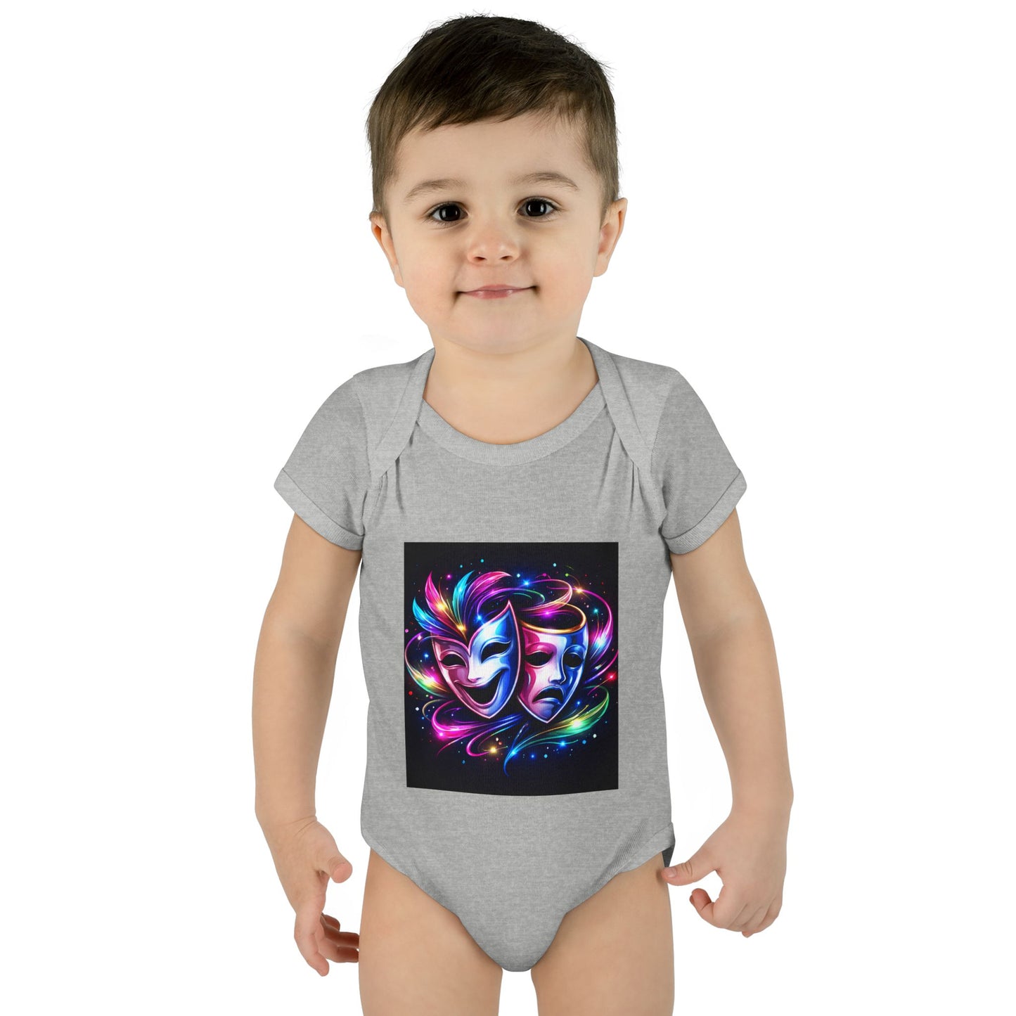 Neon Theatre Masks Infant Bodysuit — Colorful Drama Baby Onesie