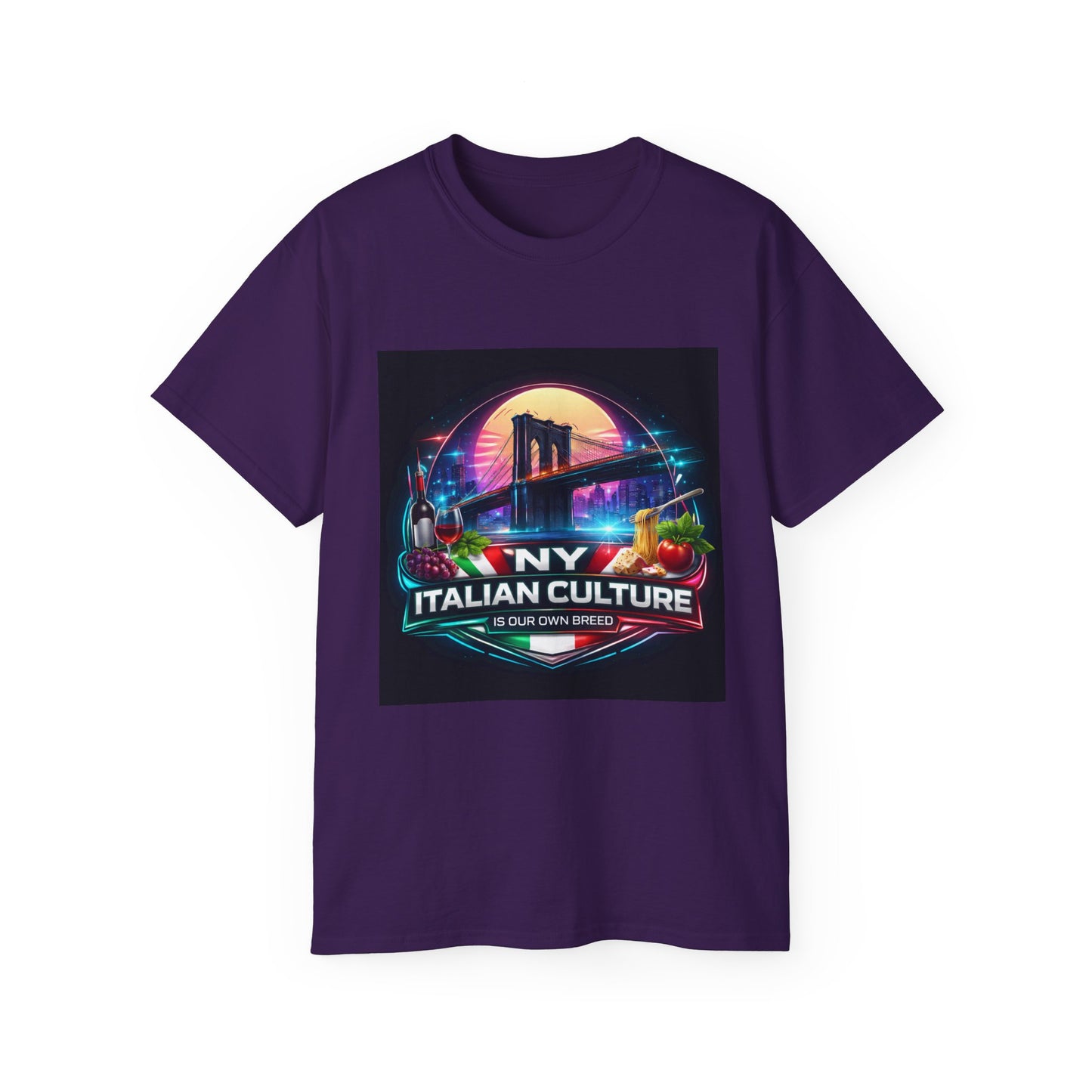 NY Italian Culture T‑Shirt — Retro Neon Brooklyn Bridge Graphic
