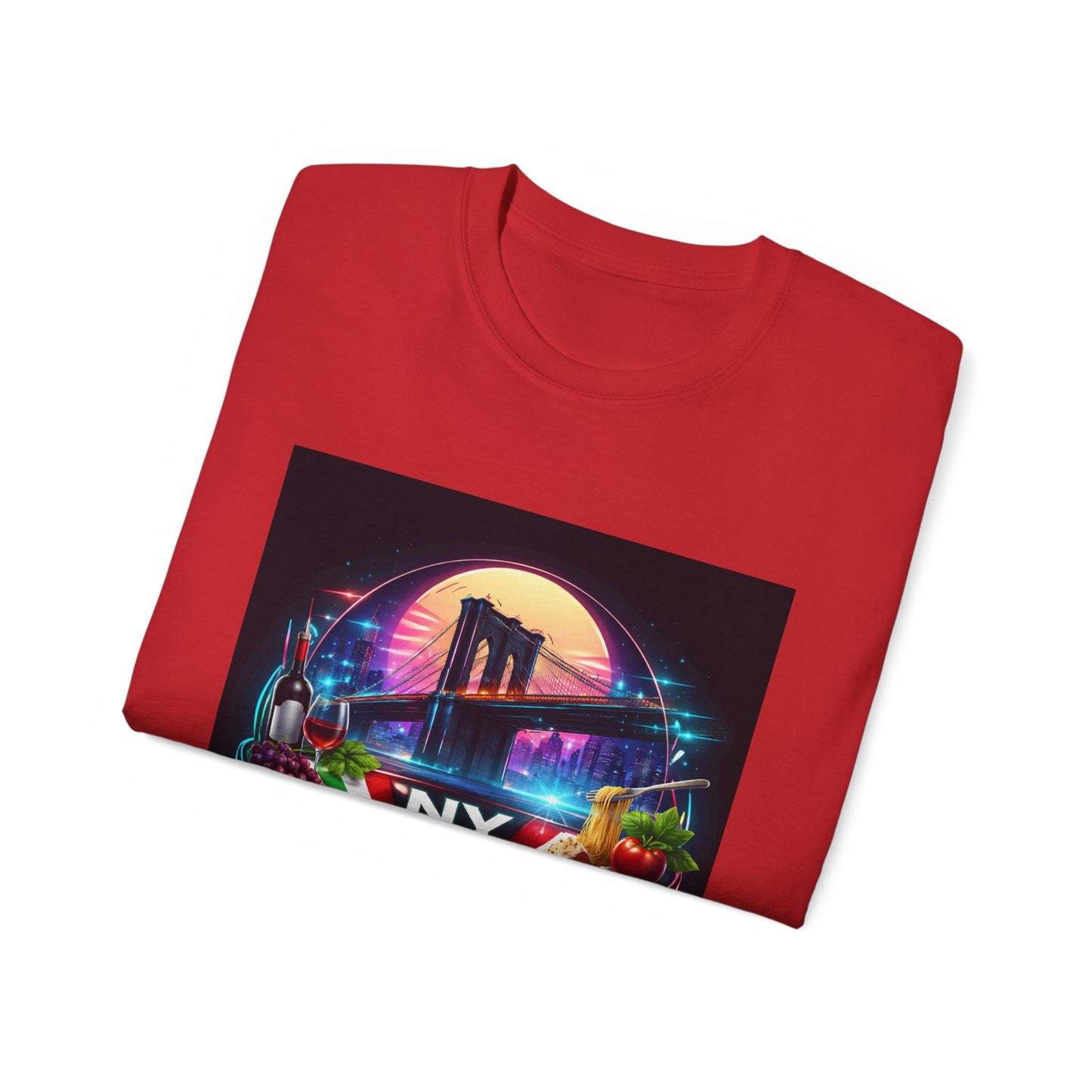 NY Italian Culture T‑Shirt — Retro Neon Brooklyn Bridge Graphic