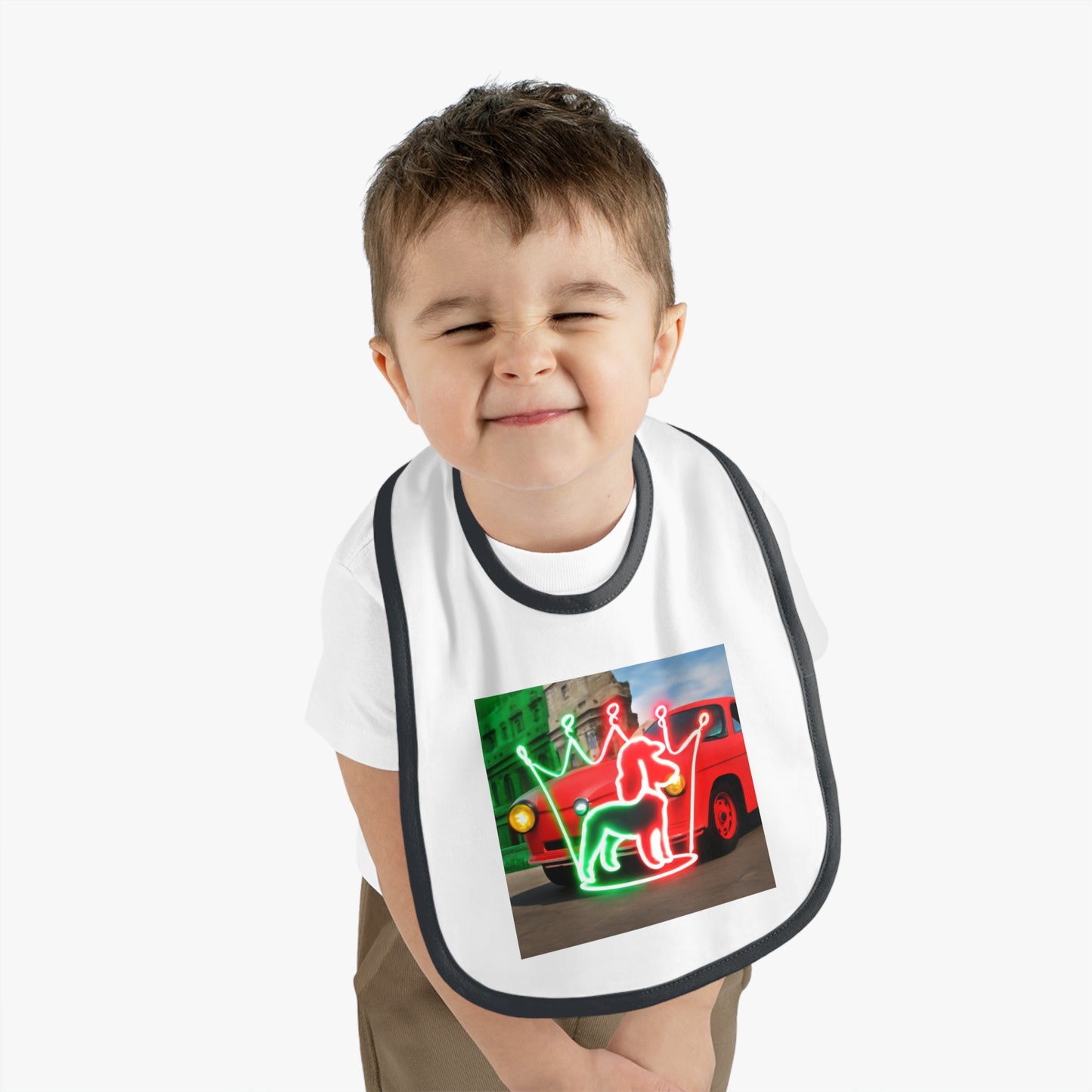 Cute Baby Bib with Neon Dog and Crown Design, Fun Baby Shower Gift, Festive Feeding Bib, Adorable Toddler Accessory, Baby Feeding Essentials