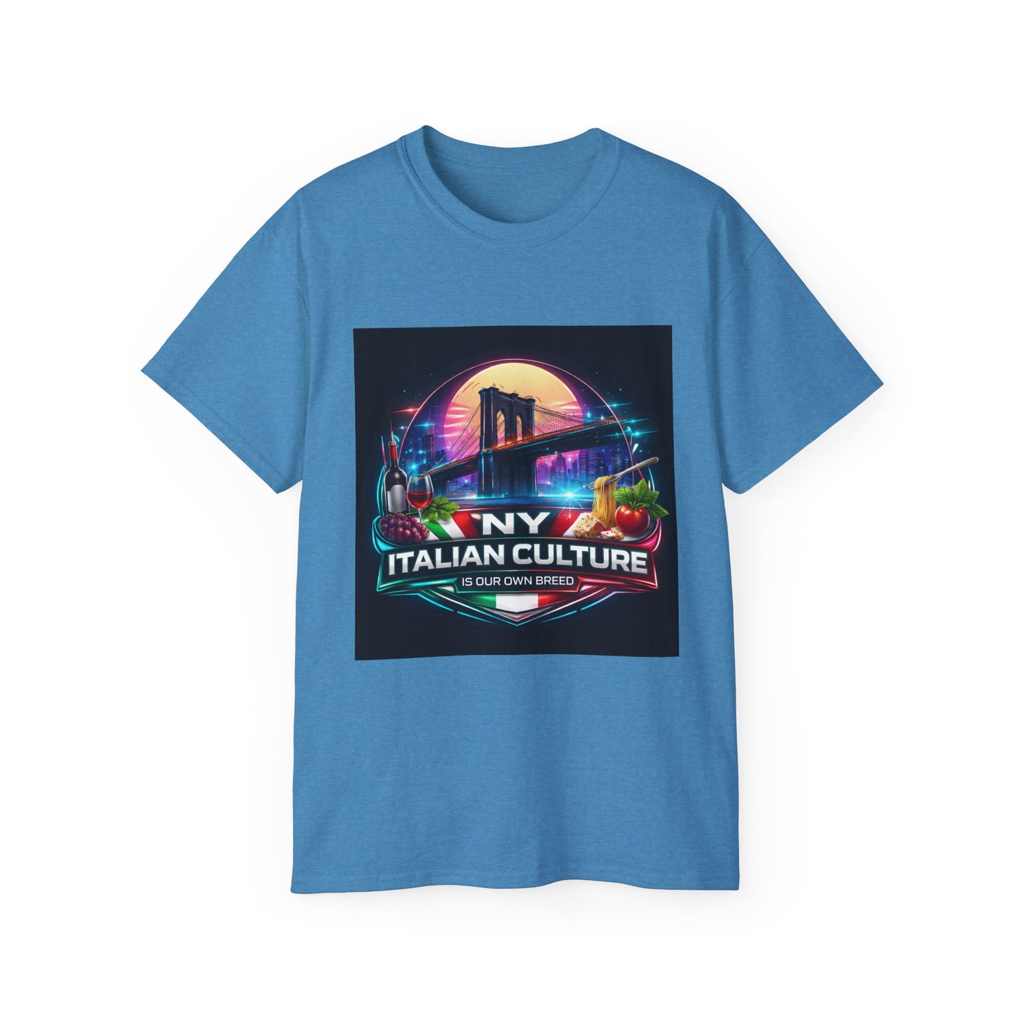 NY Italian Culture T‑Shirt — Retro Neon Brooklyn Bridge Graphic