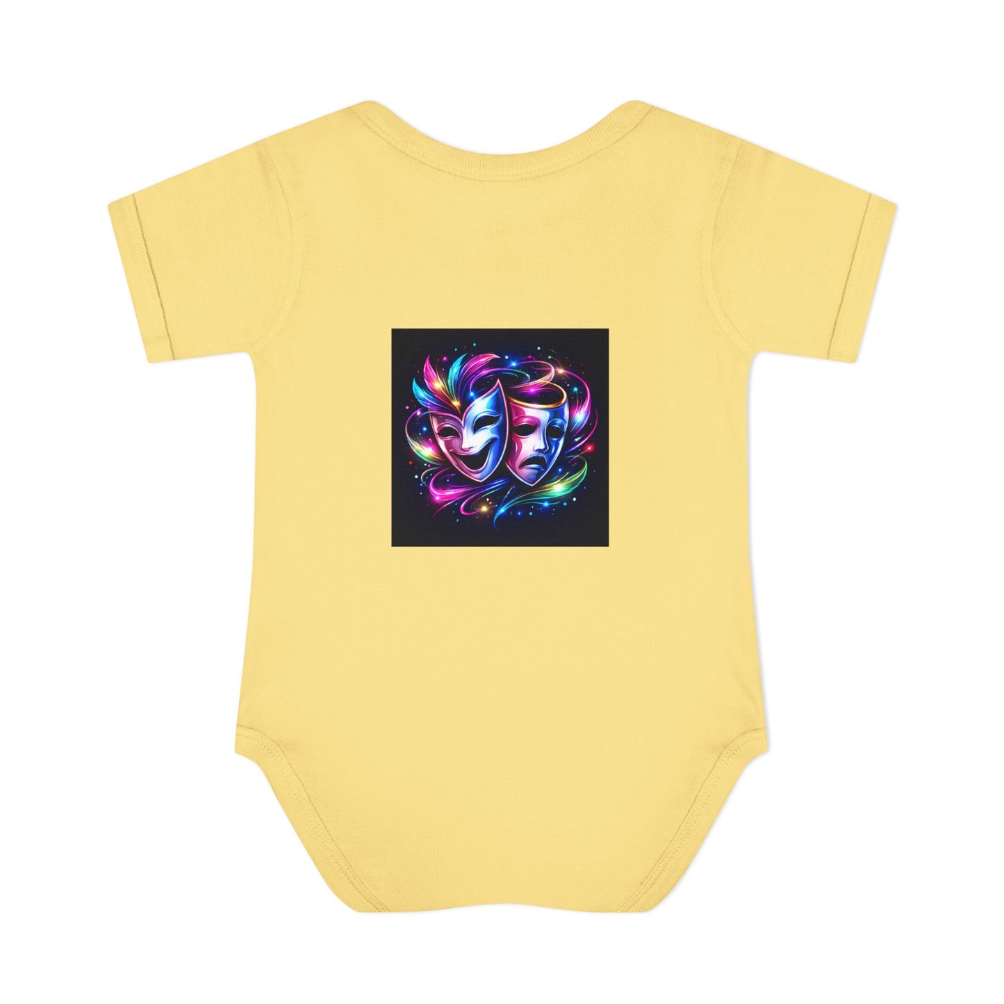 Neon Theatre Masks Infant Bodysuit — Colorful Drama Baby Onesie