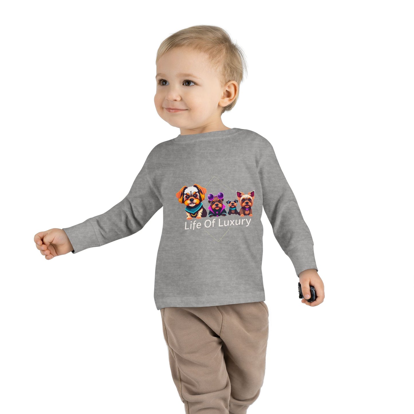 Colorful Toddler Long Sleeve Tee with Fun Dog Design, Life Of Luxury, Cute Pet Shirt, Perfect for Parties, Birthdays, Gift Idea