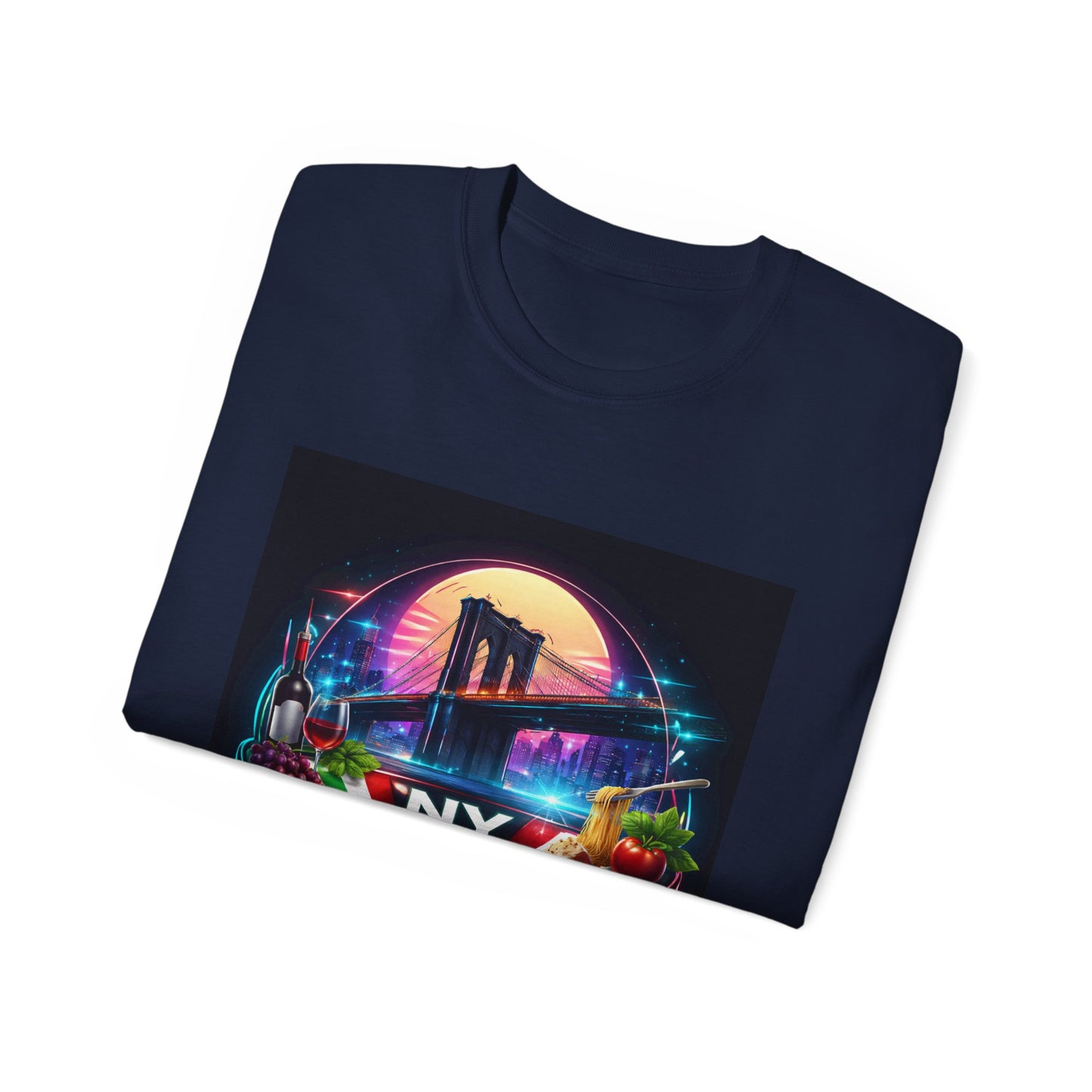 NY Italian Culture T‑Shirt — Retro Neon Brooklyn Bridge Graphic