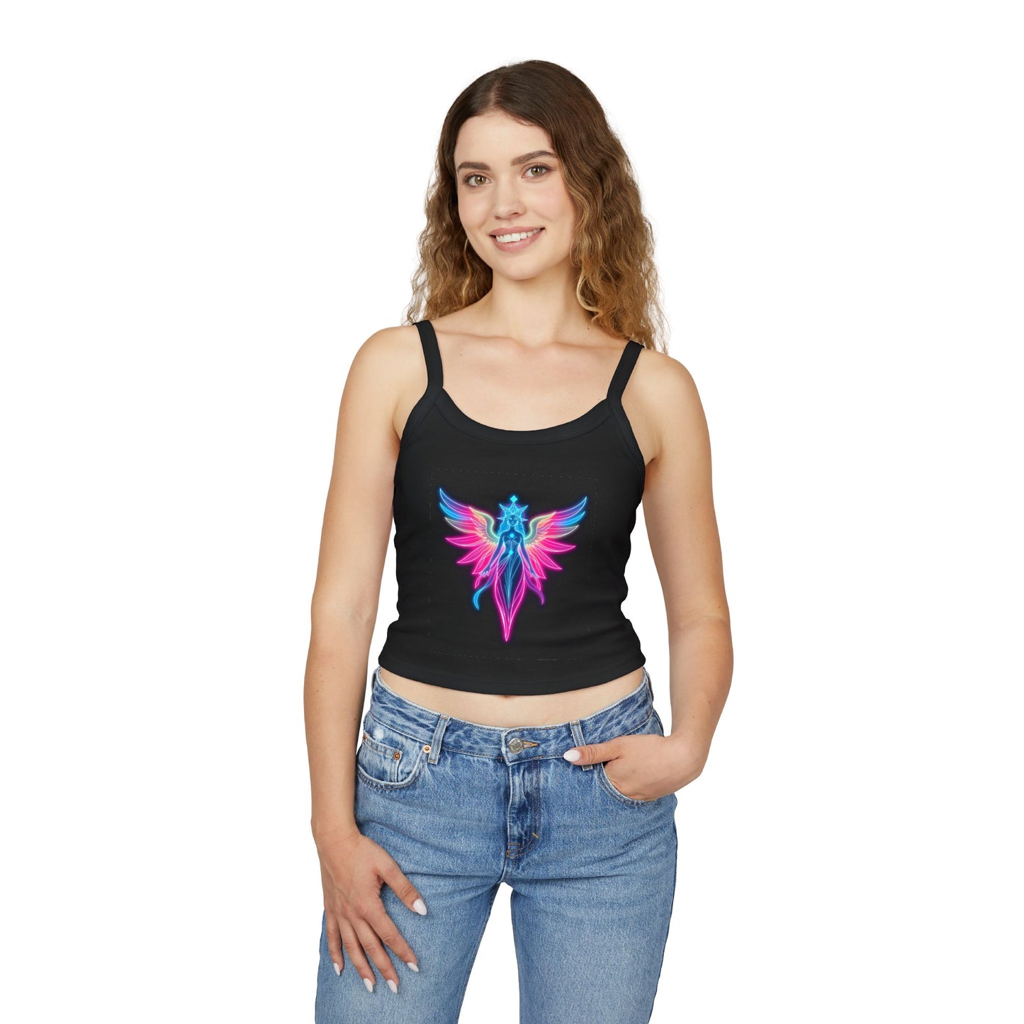 Neon Angel Graphic Spaghetti Strap Tank Top, Summer Shirt, Festival Wear, Bohemian Top, Trendy Casual Wear, Gift for Her