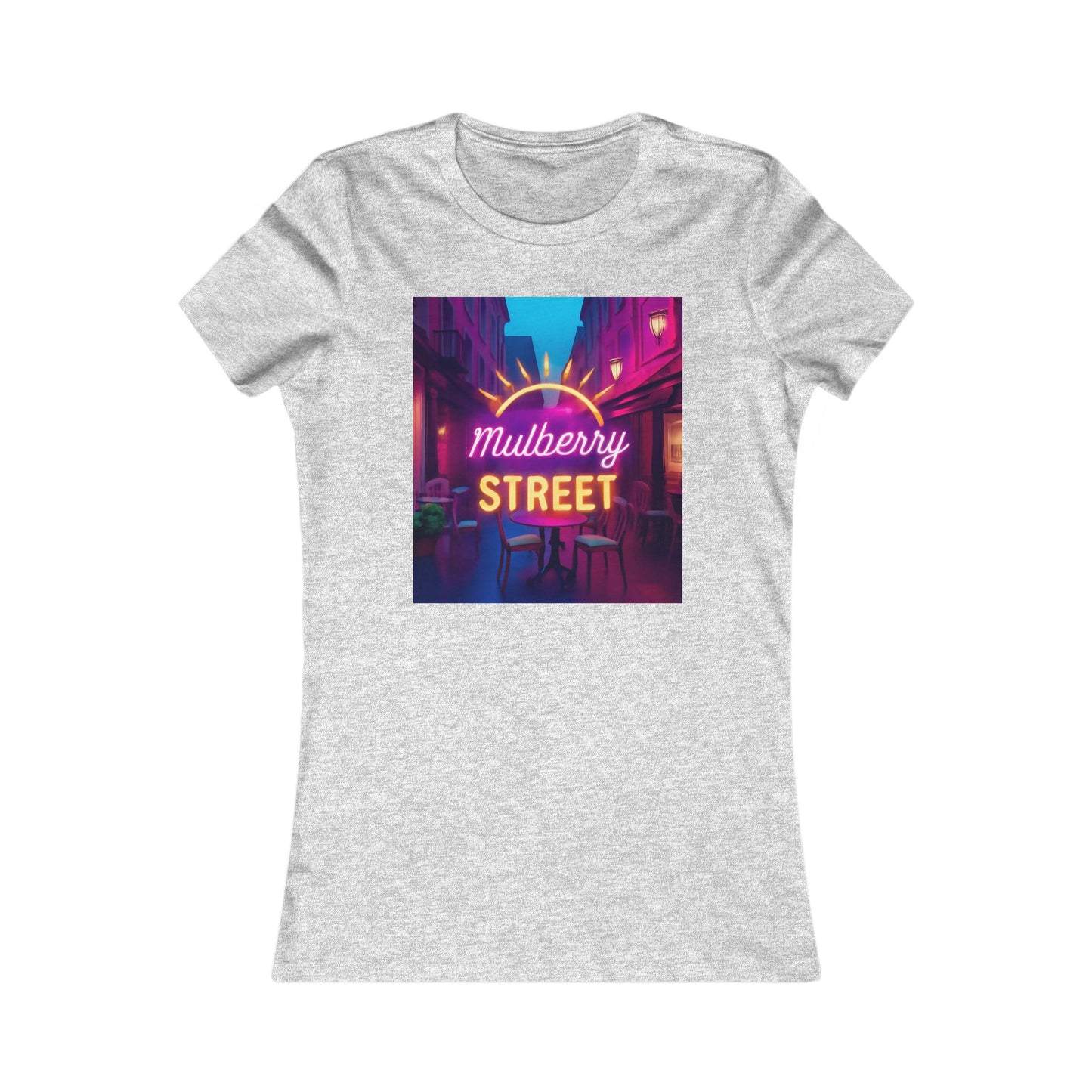 Mulberry Street Women's Tee — Retro Neon Café Graphic Shirt