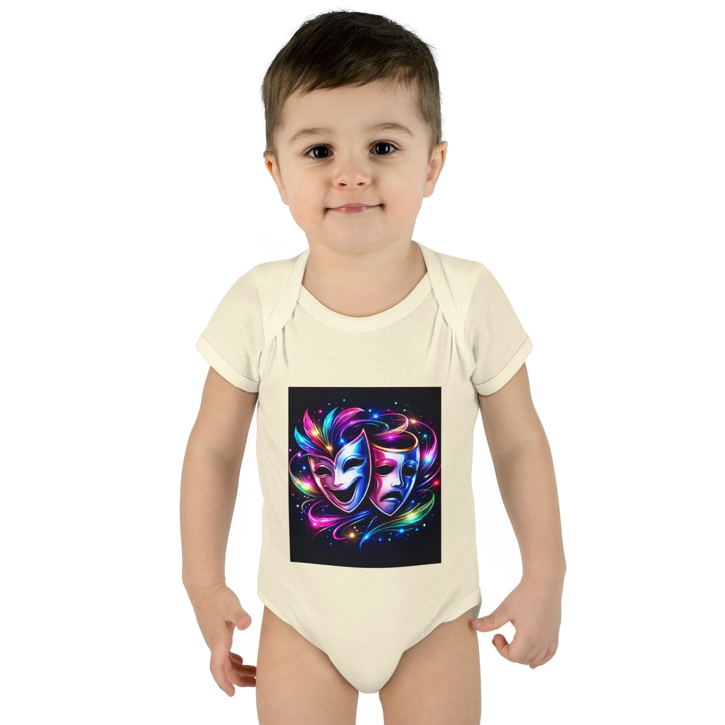 Neon Theatre Masks Infant Bodysuit — Colorful Drama Baby Onesie