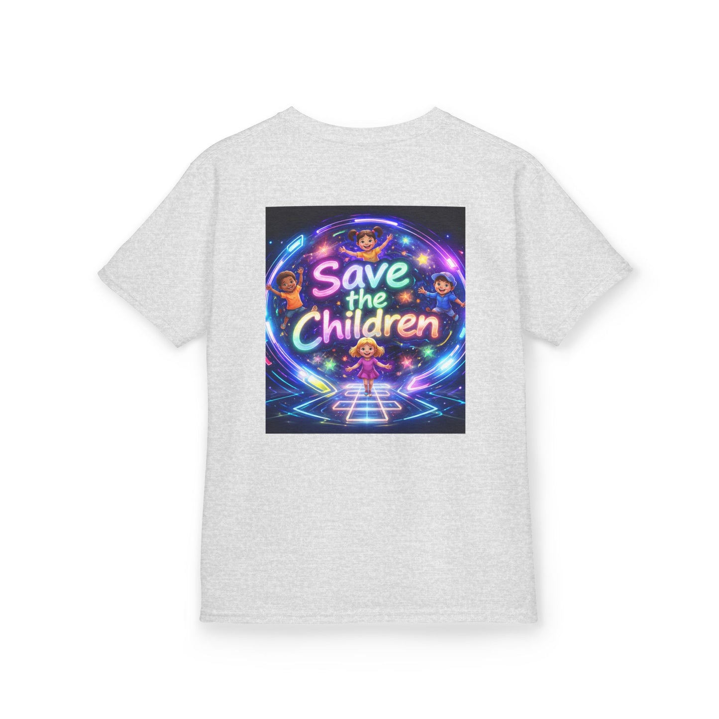 Kids Tee — 'Save the Children' Neon Rainbow Charity Design