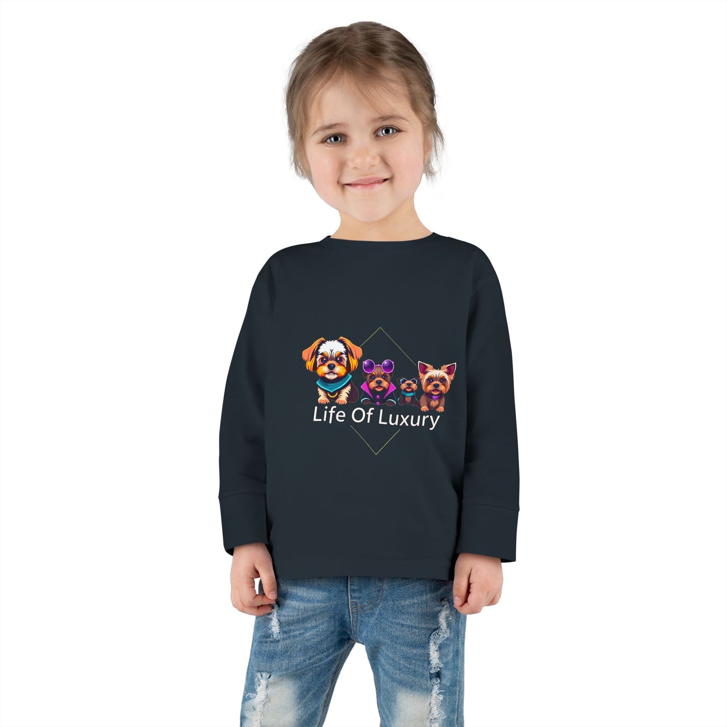 Colorful Toddler Long Sleeve Tee with Fun Dog Design, Life Of Luxury, Cute Pet Shirt, Perfect for Parties, Birthdays, Gift Idea