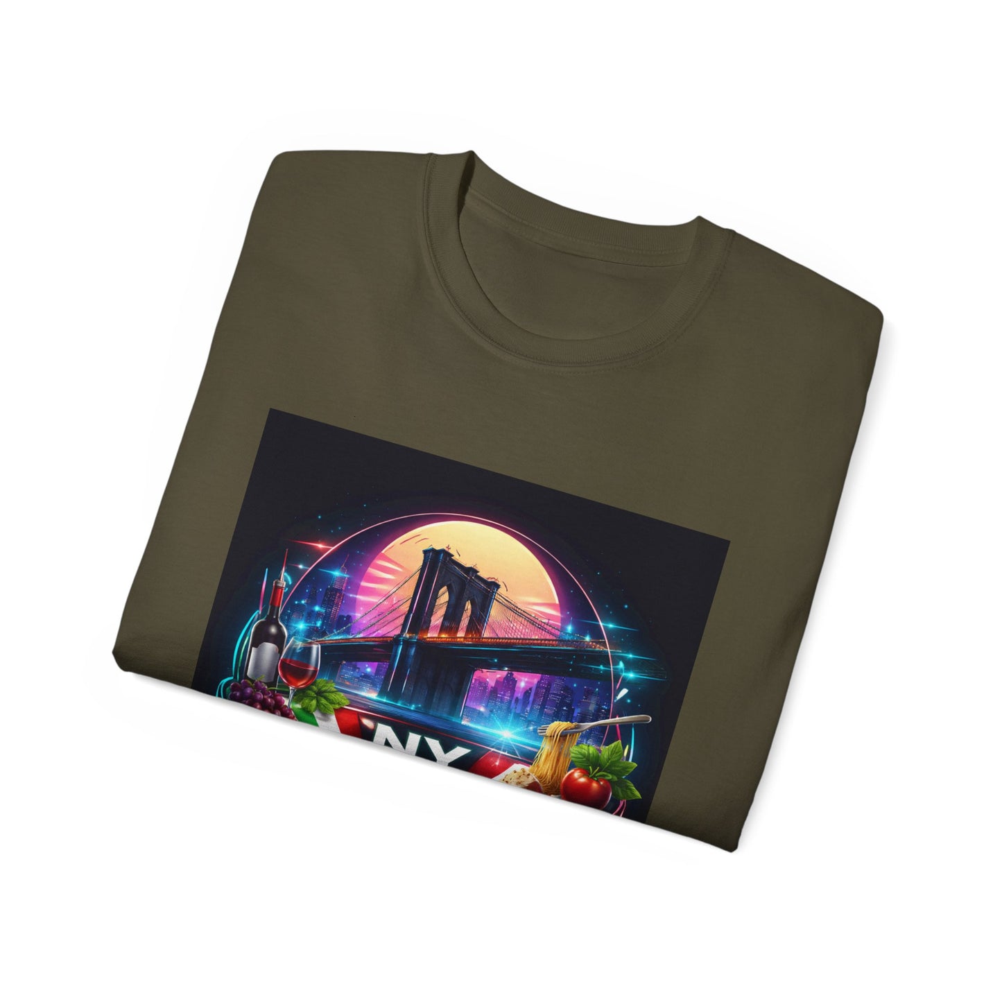 NY Italian Culture T‑Shirt — Retro Neon Brooklyn Bridge Graphic