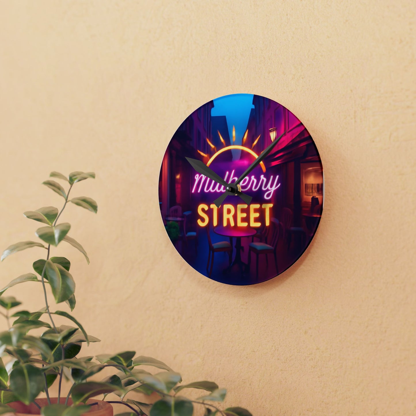 Acrylic Wall Clock — Neon 'Mulberry Street' Retro Cafe Wall Clock