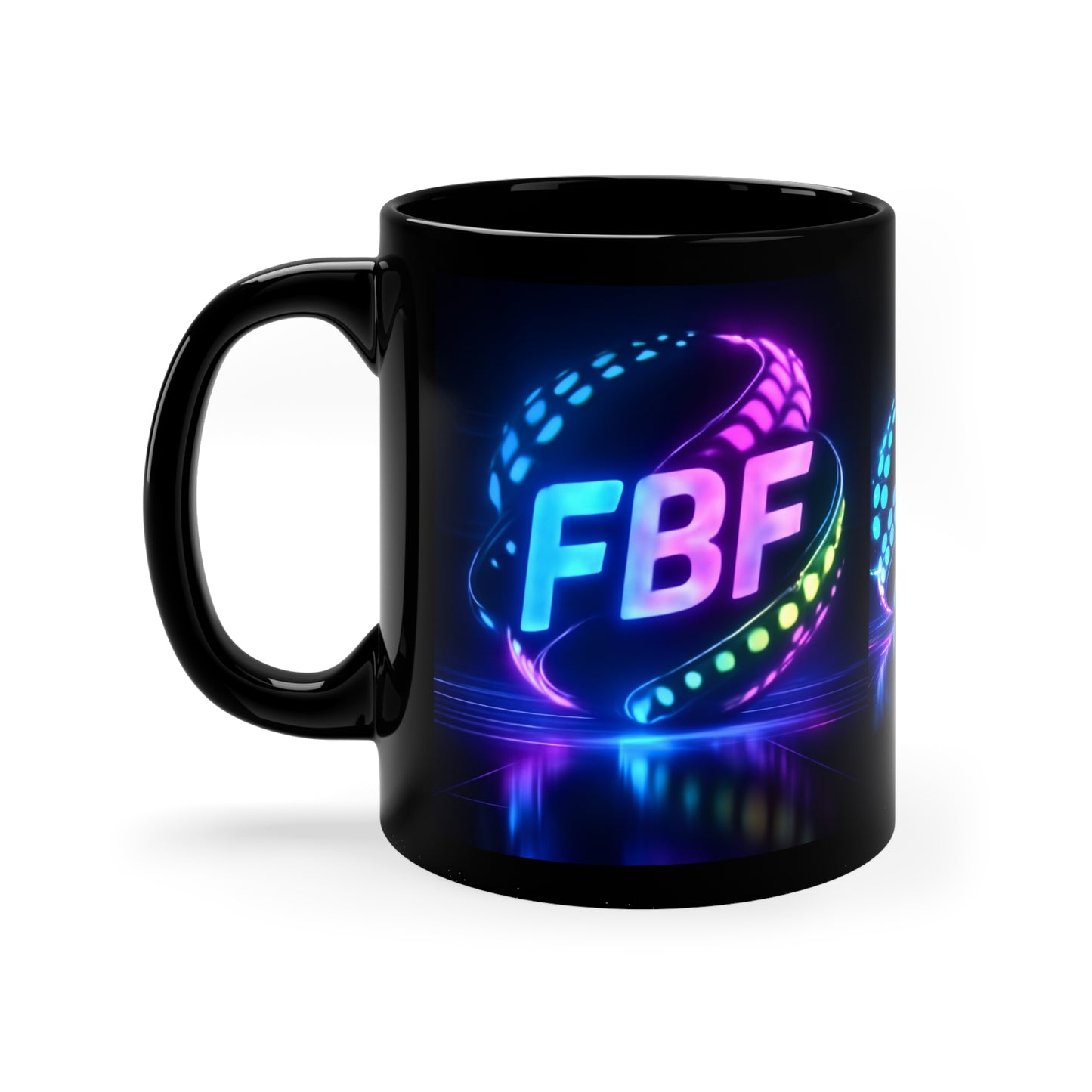 Black 11oz Mug — Neon "FBF" Retro Disco Coffee Cup