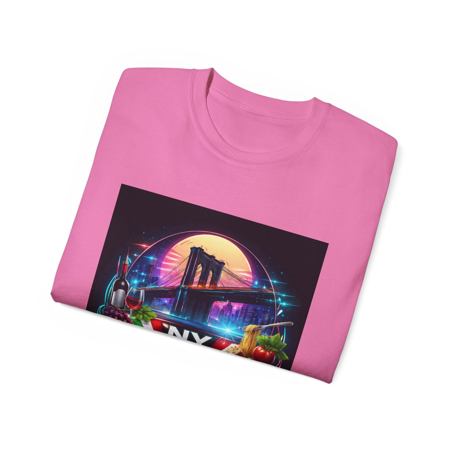 NY Italian Culture T‑Shirt — Retro Neon Brooklyn Bridge Graphic