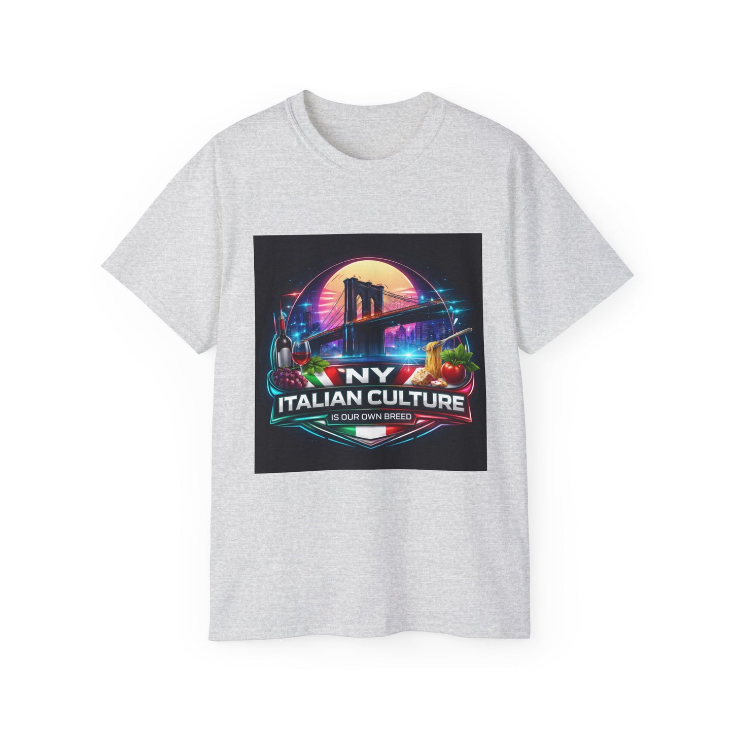 NY Italian Culture T‑Shirt — Retro Neon Brooklyn Bridge Graphic