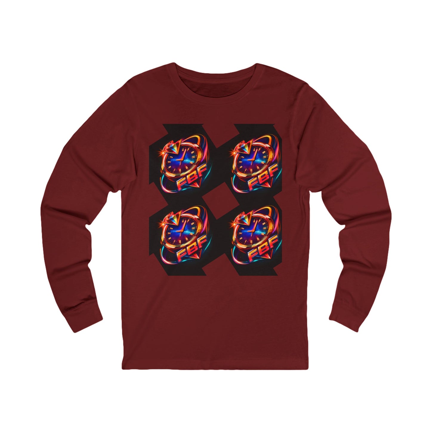 FBF Neon Clock Long Sleeve Tee — Retro Futuristic Timepiece Graphic Shirt