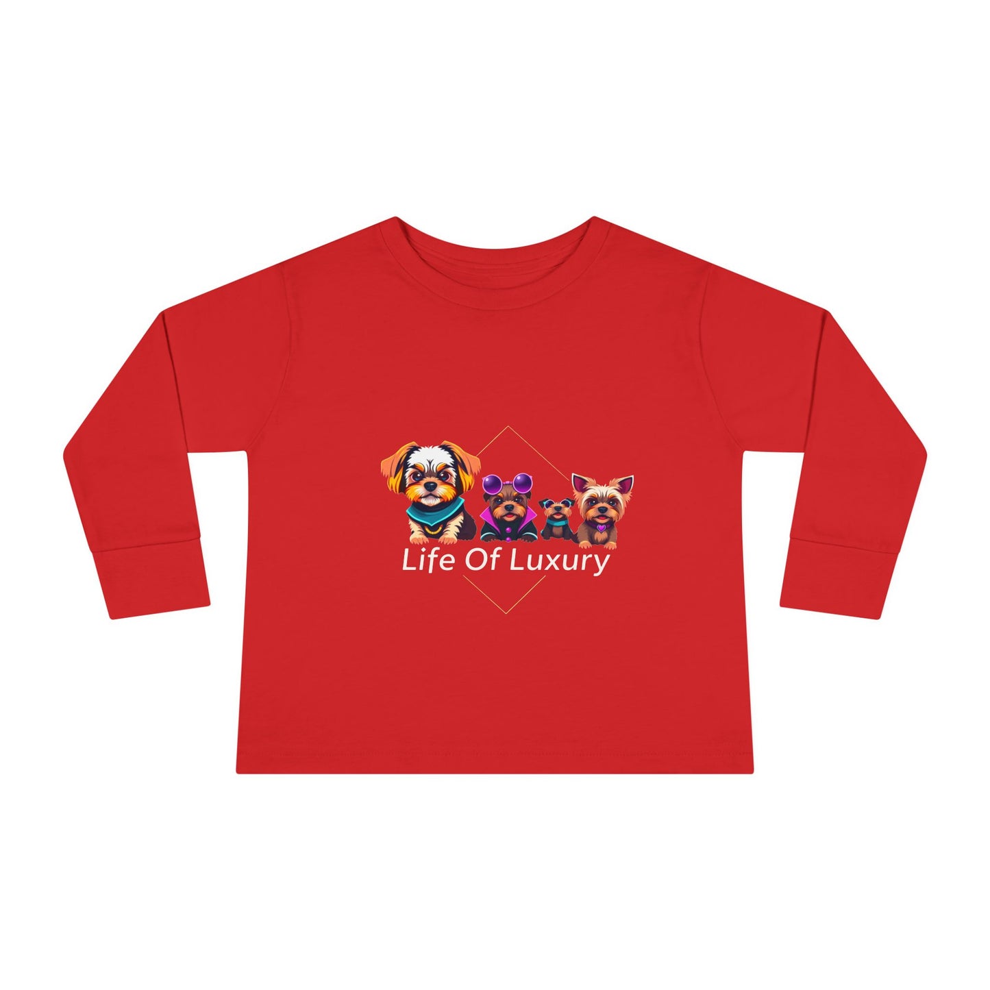 Colorful Toddler Long Sleeve Tee with Fun Dog Design, Life Of Luxury, Cute Pet Shirt, Perfect for Parties, Birthdays, Gift Idea