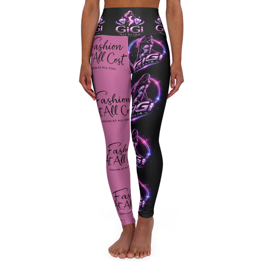 High Waist Graphic Yoga Leggings — 'Fashion At All Cost' Pink & Black AOP