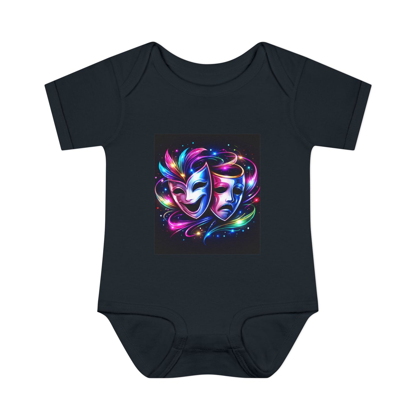 Neon Theatre Masks Infant Bodysuit — Colorful Drama Baby Onesie