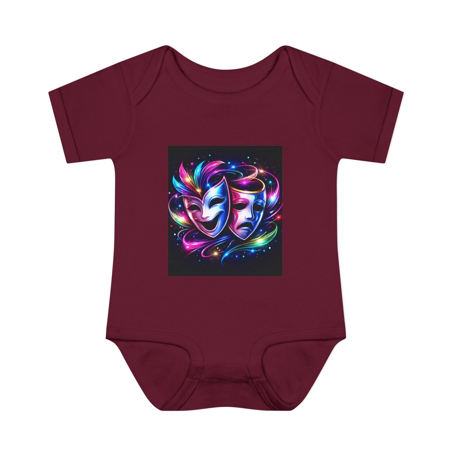 Neon Theatre Masks Infant Bodysuit — Colorful Drama Baby Onesie