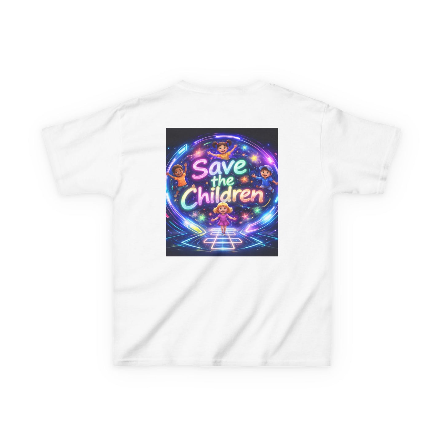 Kids Tee — 'Save the Children' Neon Rainbow Charity Design