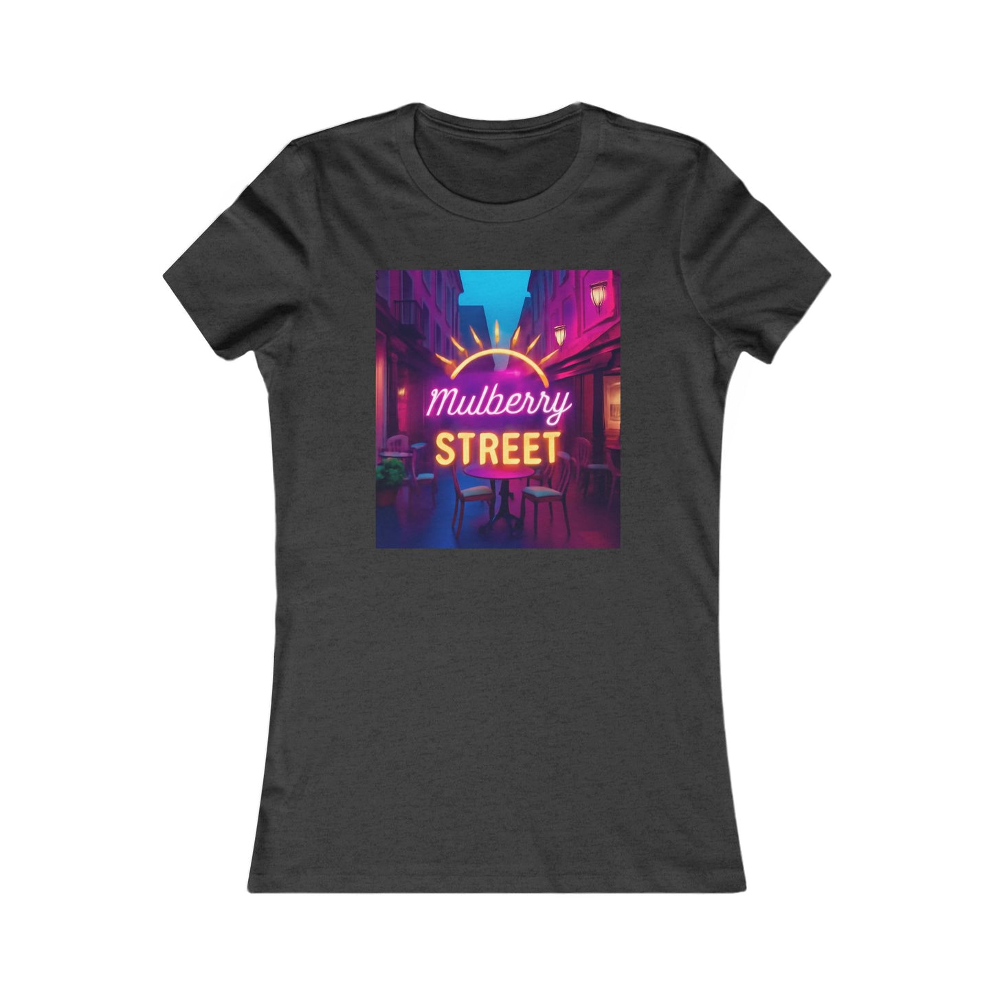 Mulberry Street Women's Tee — Retro Neon Café Graphic Shirt