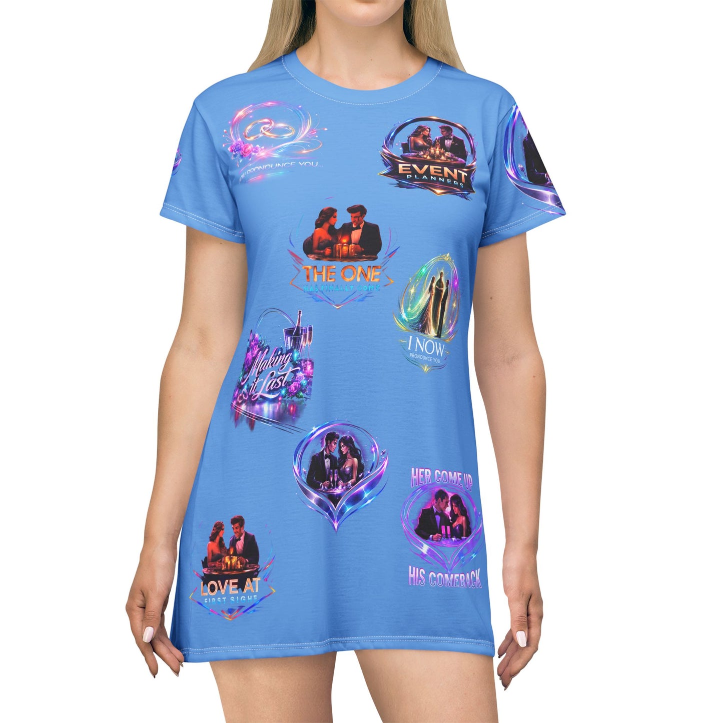 Glow Badge Graphic T-Shirt Dress — Neon Romance & Loyalty Icons