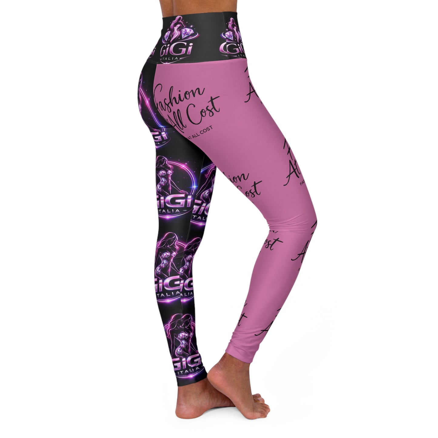 High Waist Graphic Yoga Leggings — 'Fashion At All Cost' Pink & Black AOP