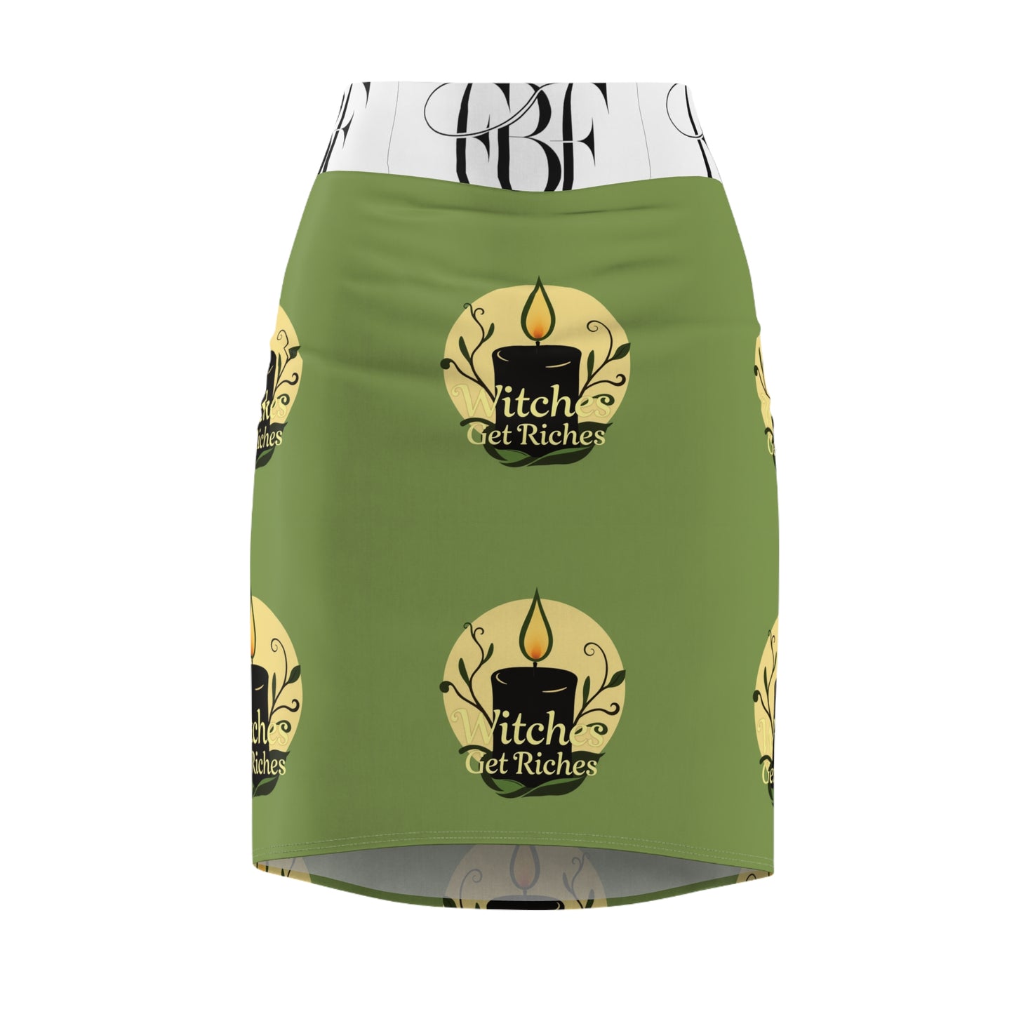 Women's Witch Get Riches Pencil Skirt, AOP Green Skirt, Boho Fashion, Gift for Her, Casual Outfit, Occult Apparel