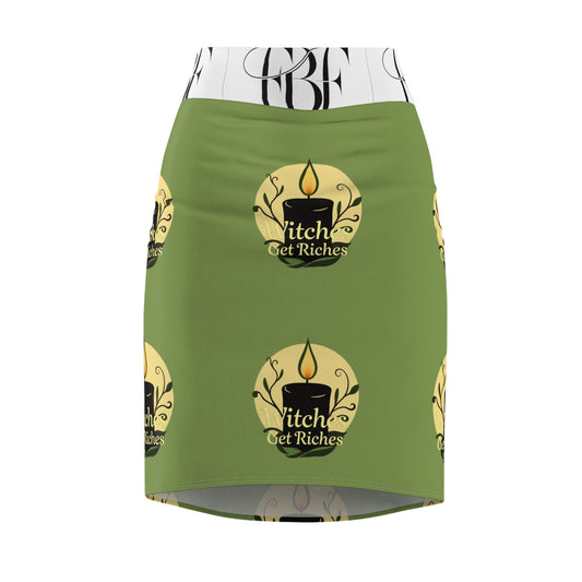 Women's Witch Get Riches Pencil Skirt, AOP Green Skirt, Boho Fashion, Gift for Her, Casual Outfit, Occult Apparel