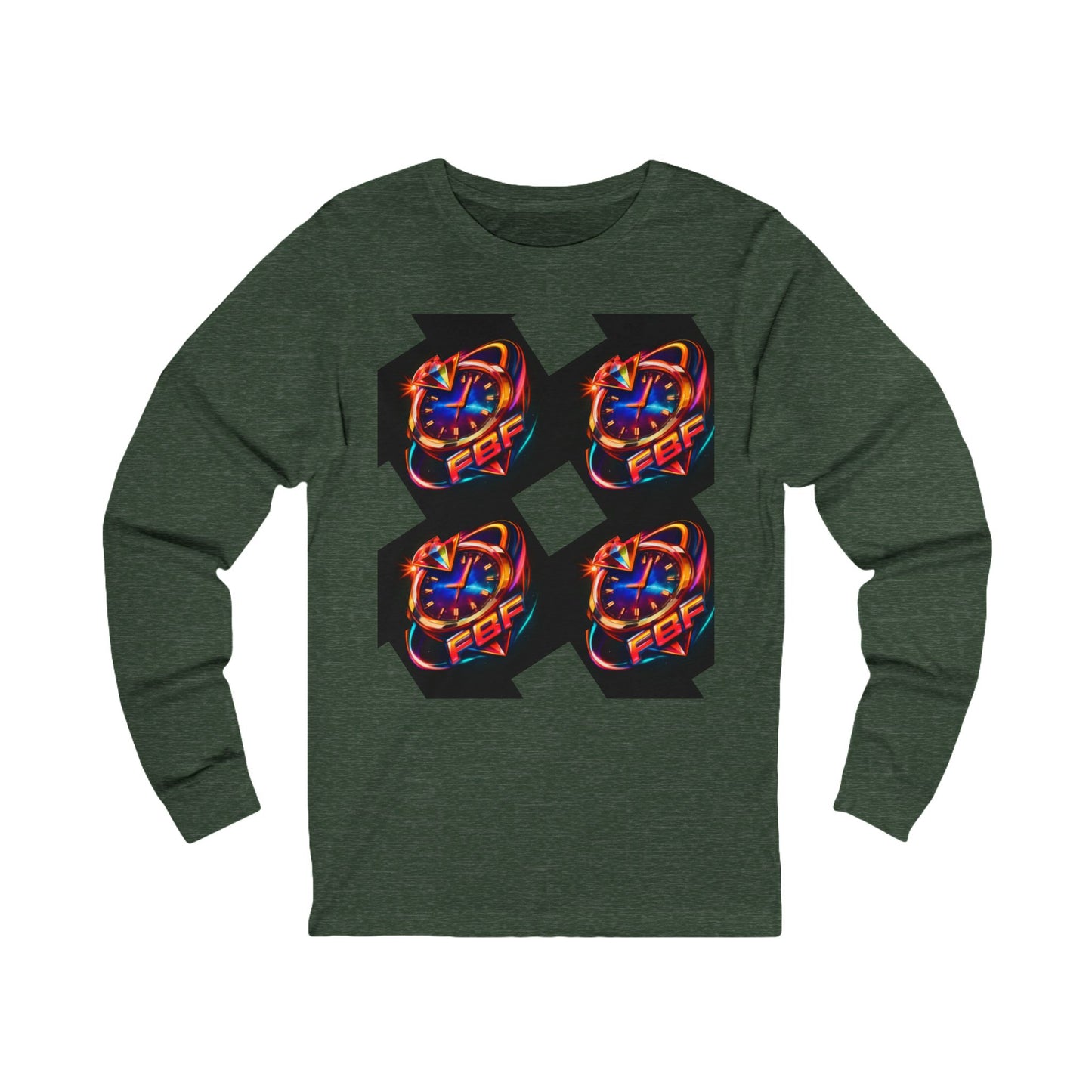 FBF Neon Clock Long Sleeve Tee — Retro Futuristic Timepiece Graphic Shirt