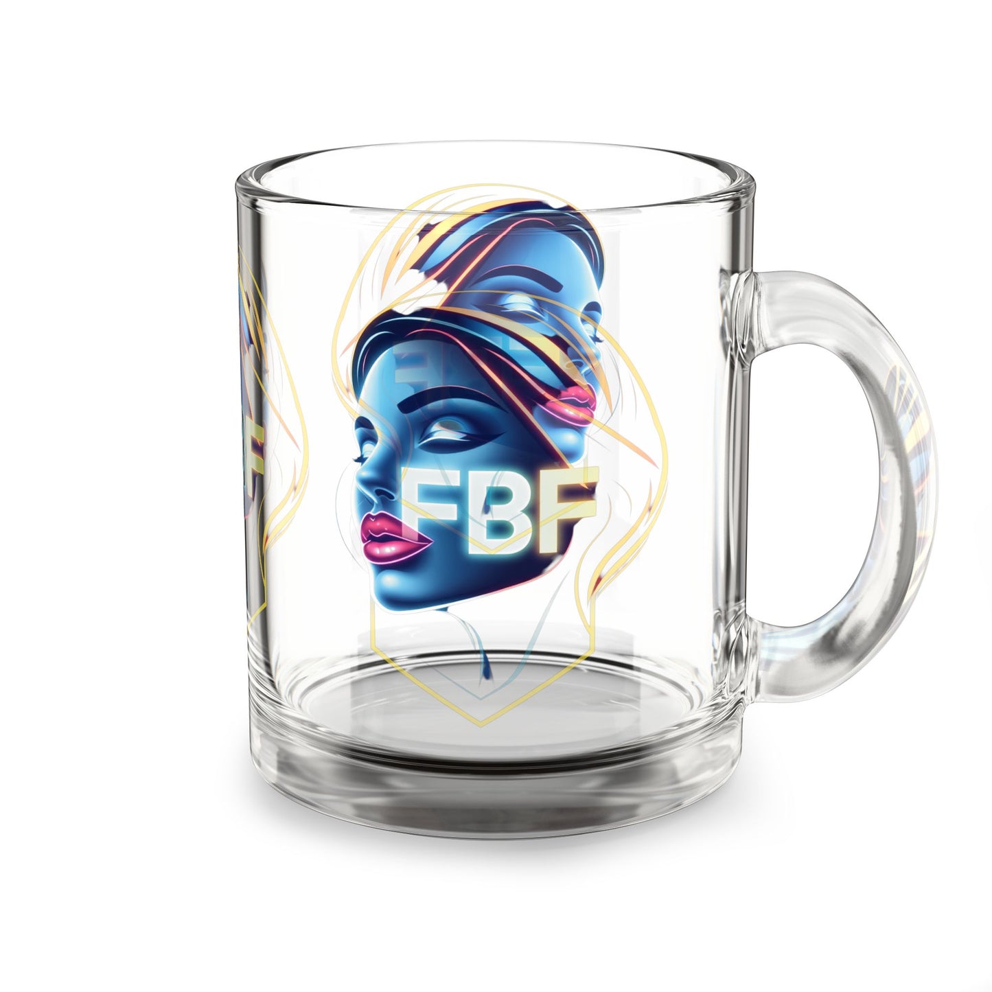 Artistic Glass Mug with FBF Design, Perfect for Coffee Lovers, Unique Gift for Friends, Home Decor, Collectible Cup