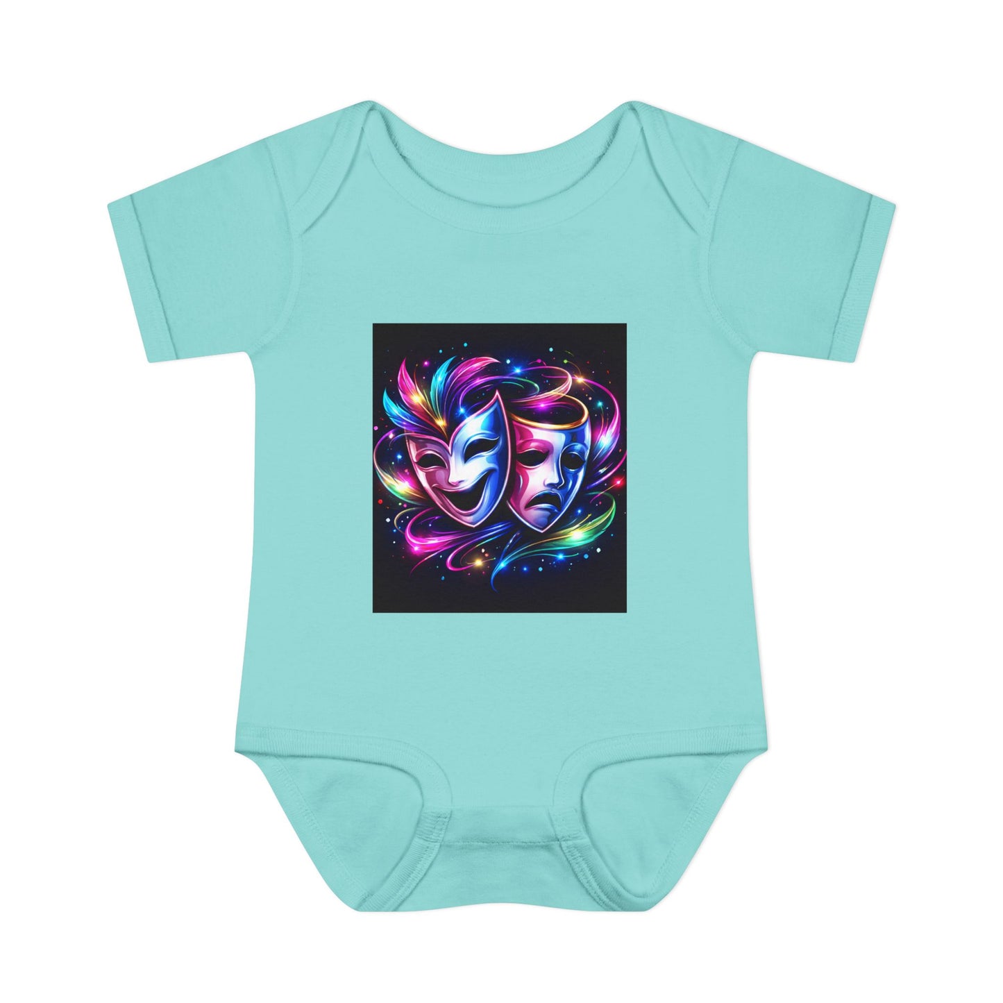 Neon Theatre Masks Infant Bodysuit — Colorful Drama Baby Onesie