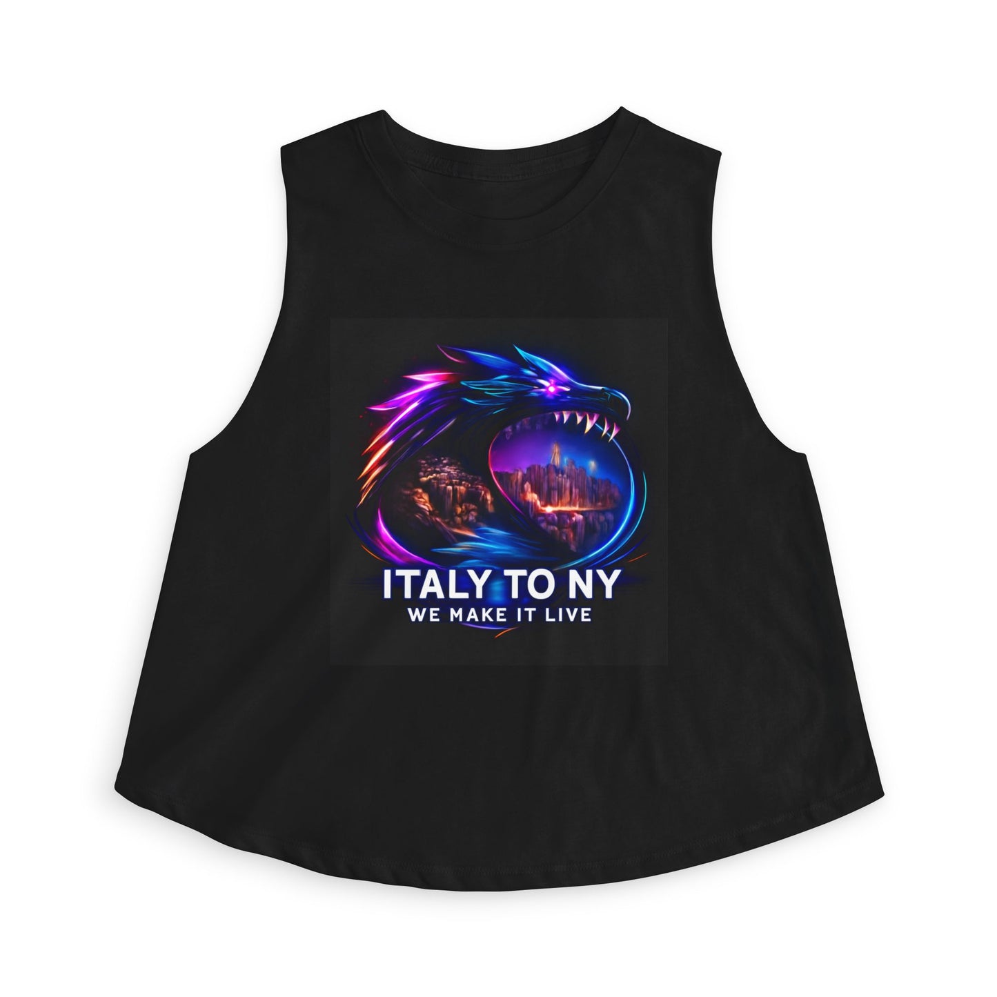 Dragon Logo Crop Top — "Italy to NY We Make It Live" Neon Graphic