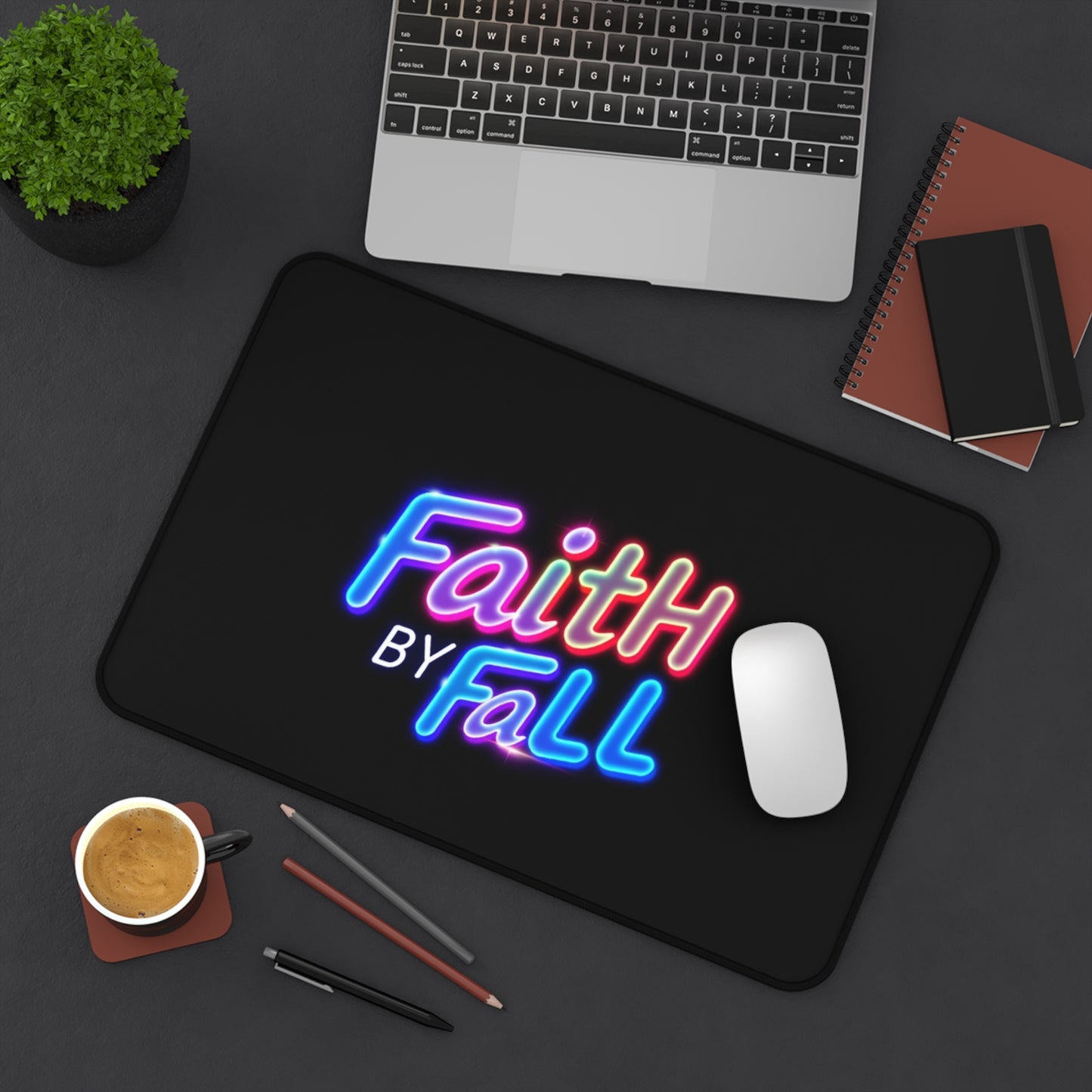 Neon 'Faith by Fall' Desk Mat - Stylish Desk Accessory for Motivational Workspace
