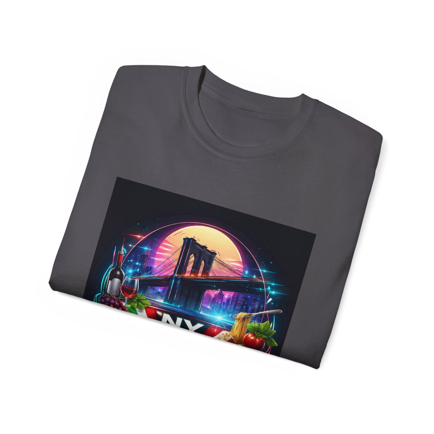 NY Italian Culture T‑Shirt — Retro Neon Brooklyn Bridge Graphic