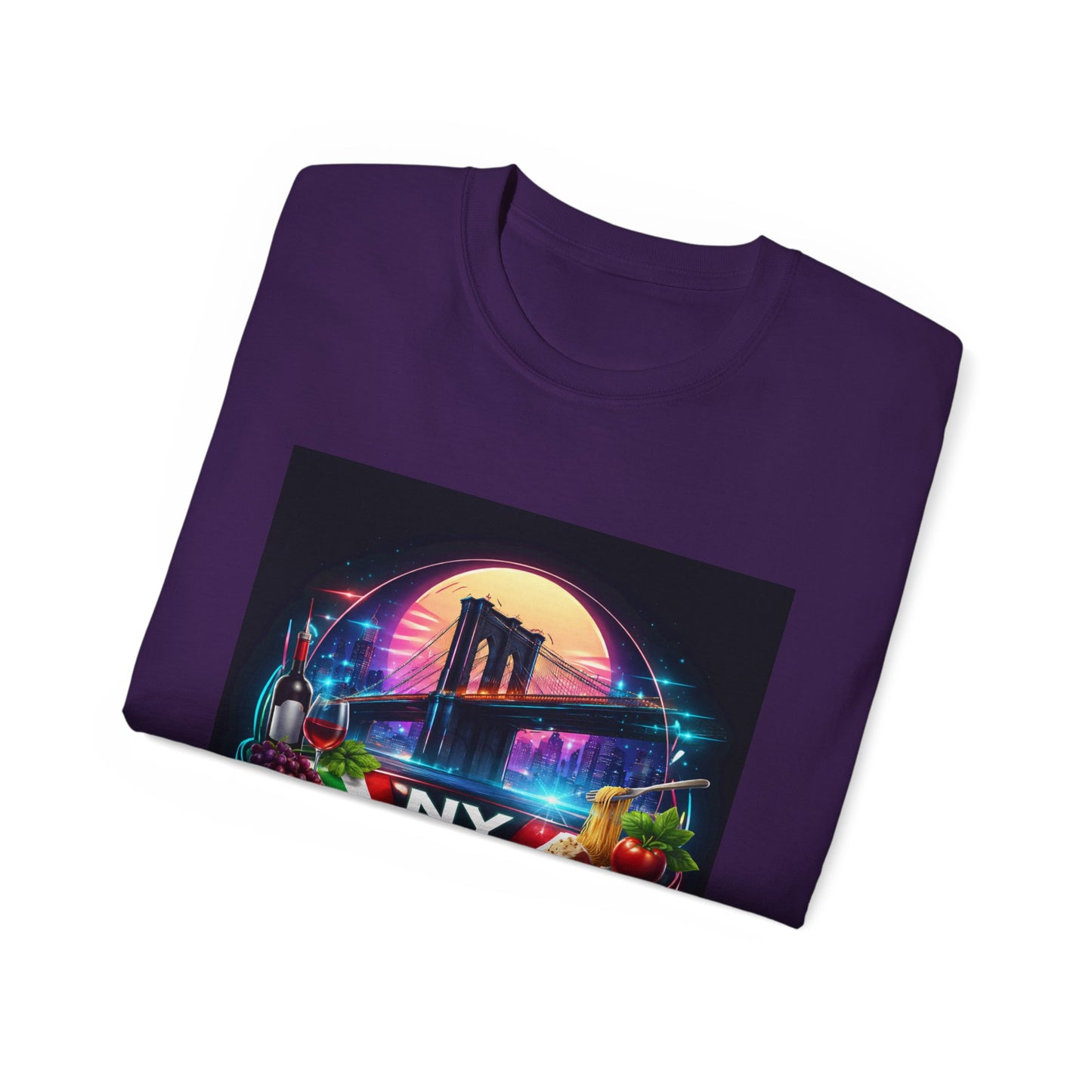 NY Italian Culture T‑Shirt — Retro Neon Brooklyn Bridge Graphic