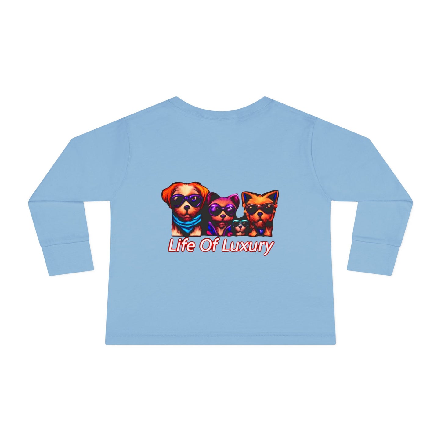 Colorful Toddler Long Sleeve Tee with Fun Dog Design, Life Of Luxury, Cute Pet Shirt, Perfect for Parties, Birthdays, Gift Idea