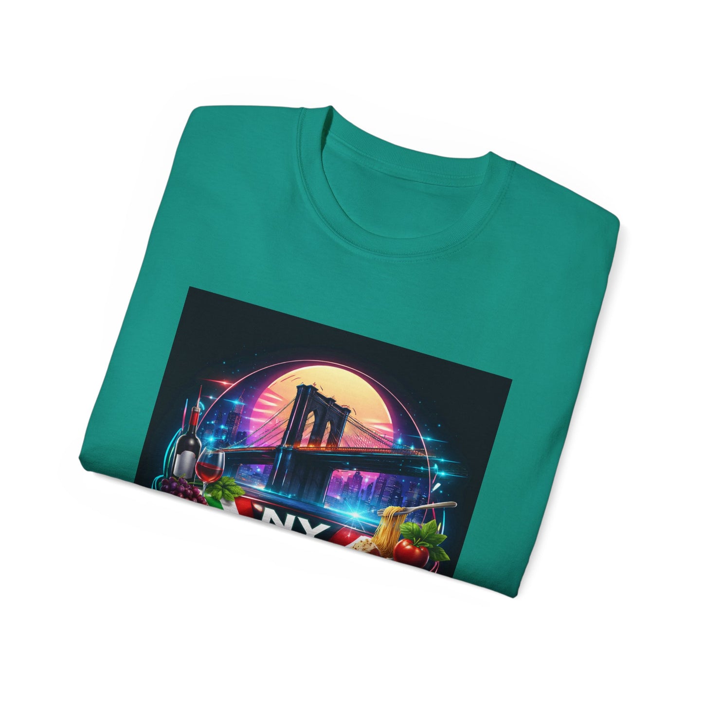NY Italian Culture T‑Shirt — Retro Neon Brooklyn Bridge Graphic