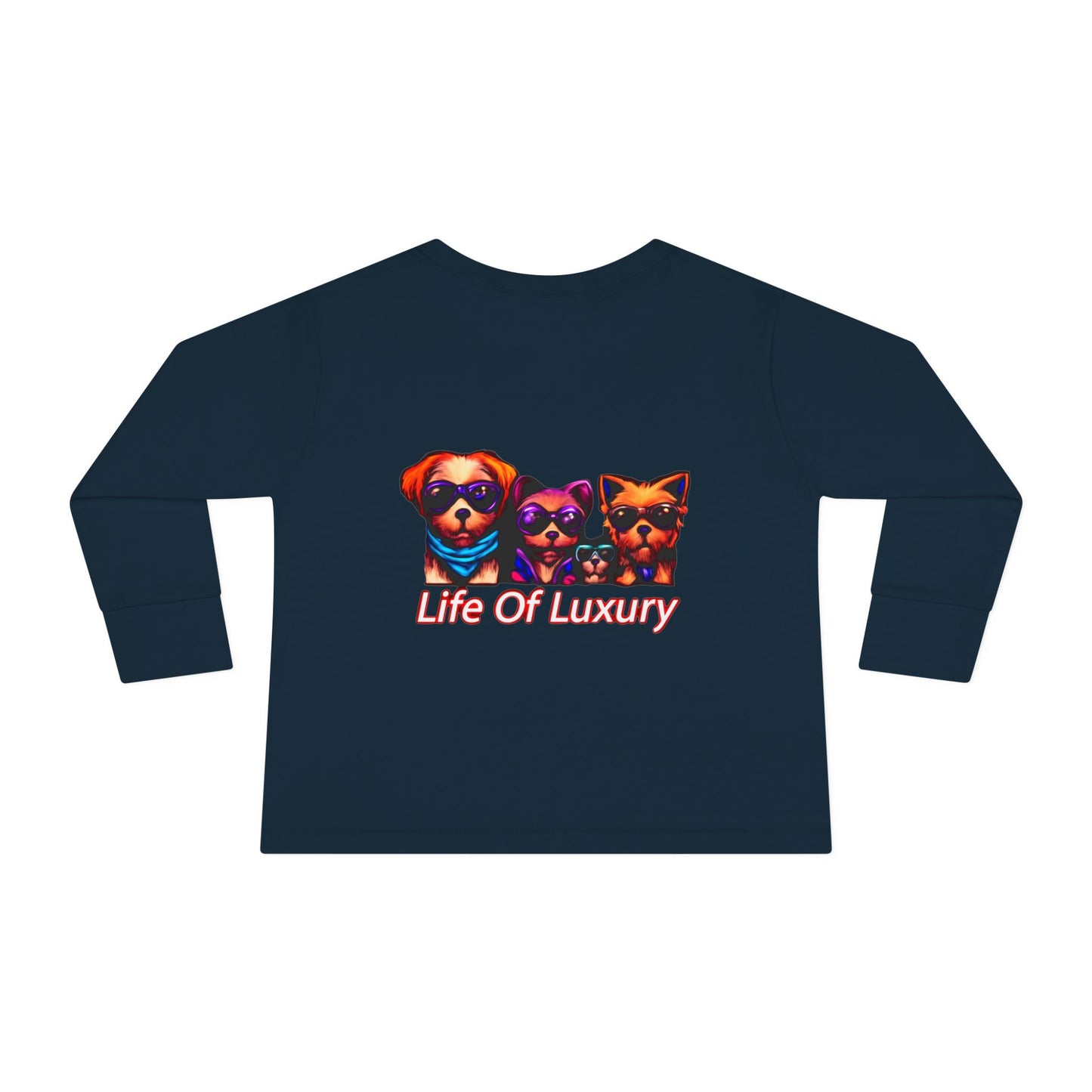 Colorful Toddler Long Sleeve Tee with Fun Dog Design, Life Of Luxury, Cute Pet Shirt, Perfect for Parties, Birthdays, Gift Idea