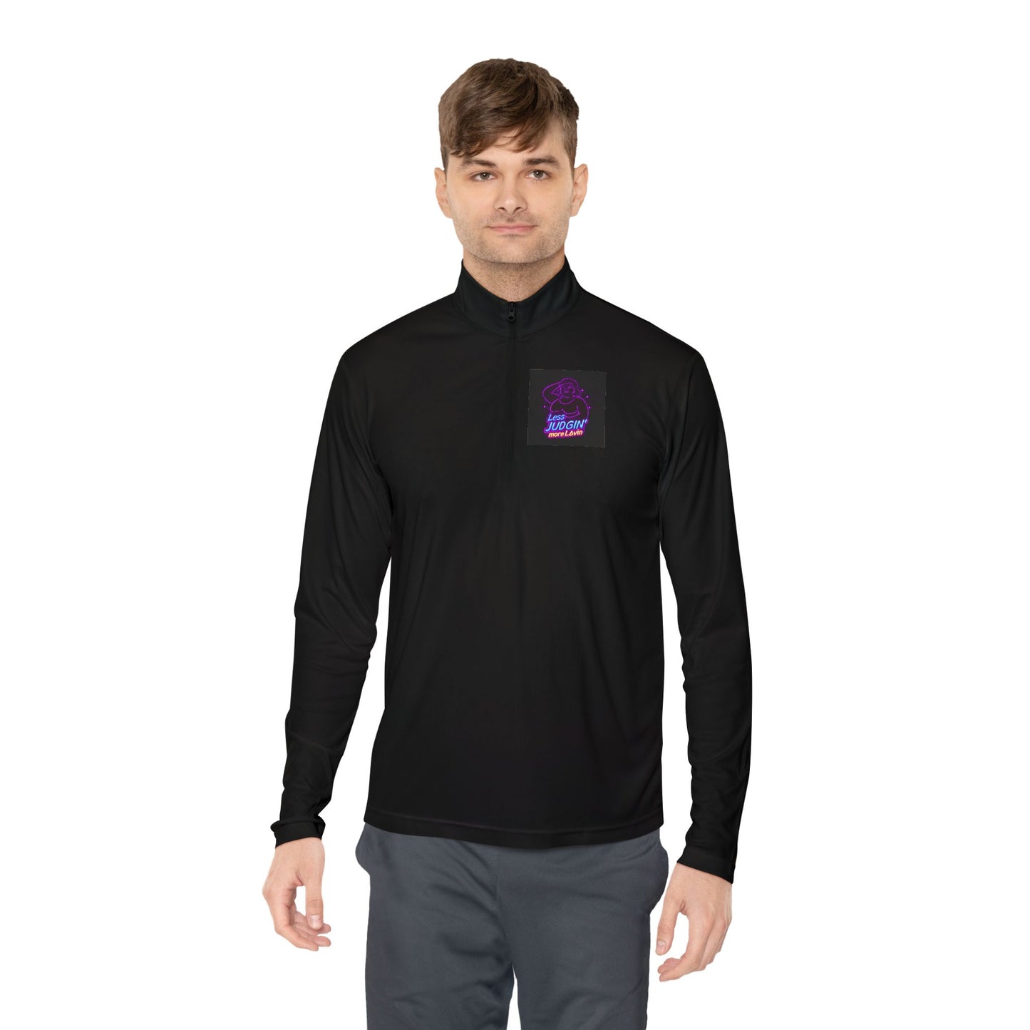 Quarter-Zip Pullover — "Less Judgin’ More Lovin’" Retro Neon Graphic