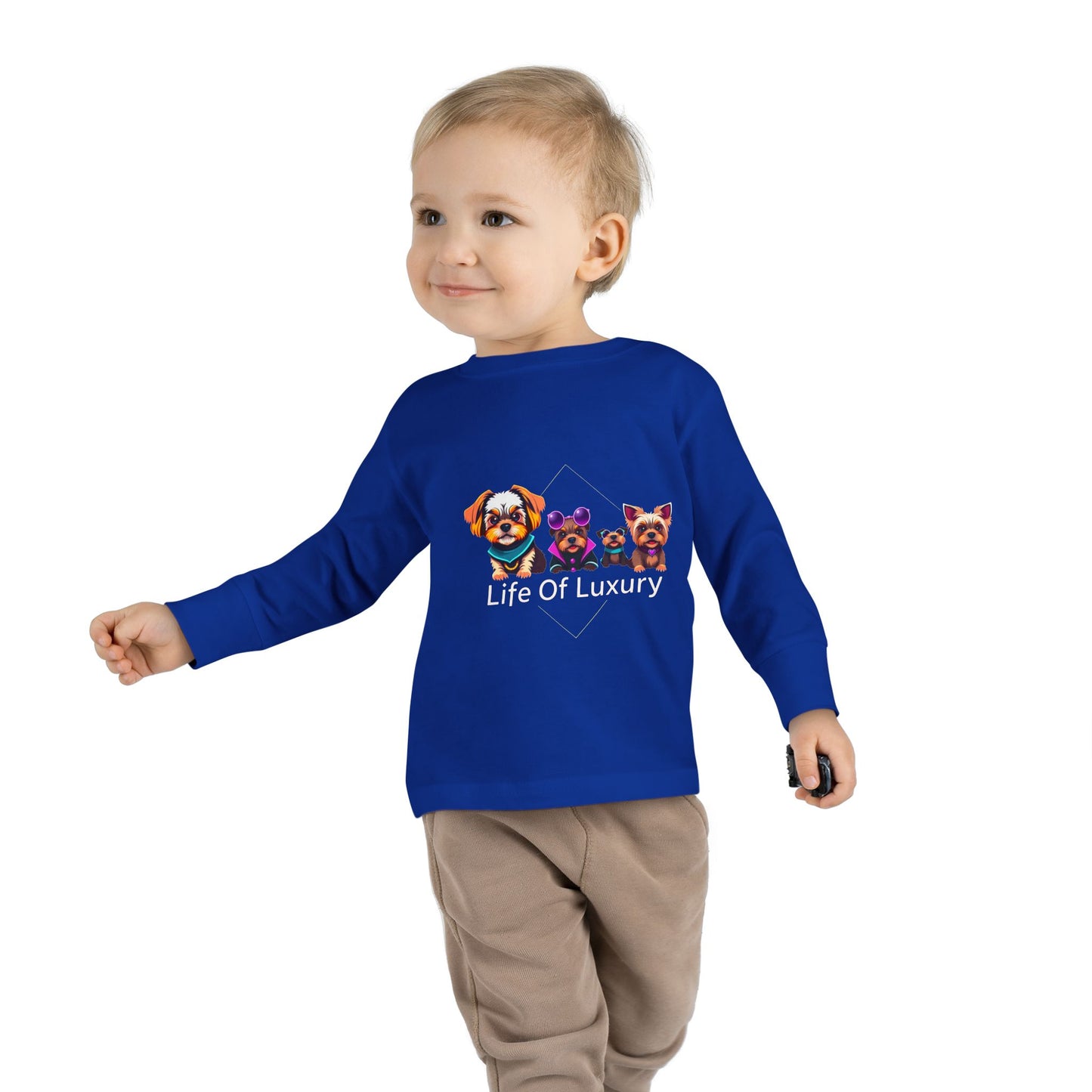 Colorful Toddler Long Sleeve Tee with Fun Dog Design, Life Of Luxury, Cute Pet Shirt, Perfect for Parties, Birthdays, Gift Idea