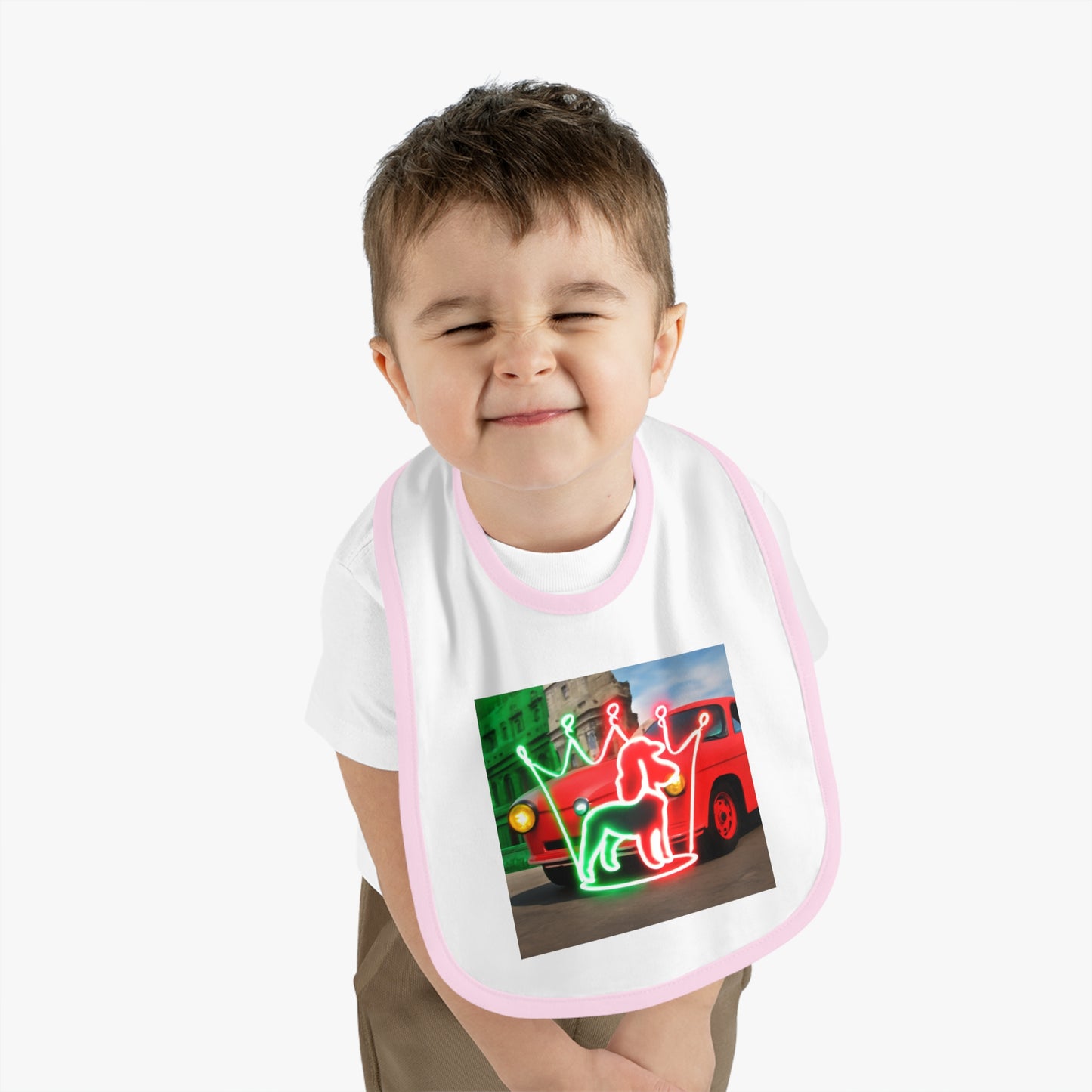 Cute Baby Bib with Neon Dog and Crown Design, Fun Baby Shower Gift, Festive Feeding Bib, Adorable Toddler Accessory, Baby Feeding Essentials