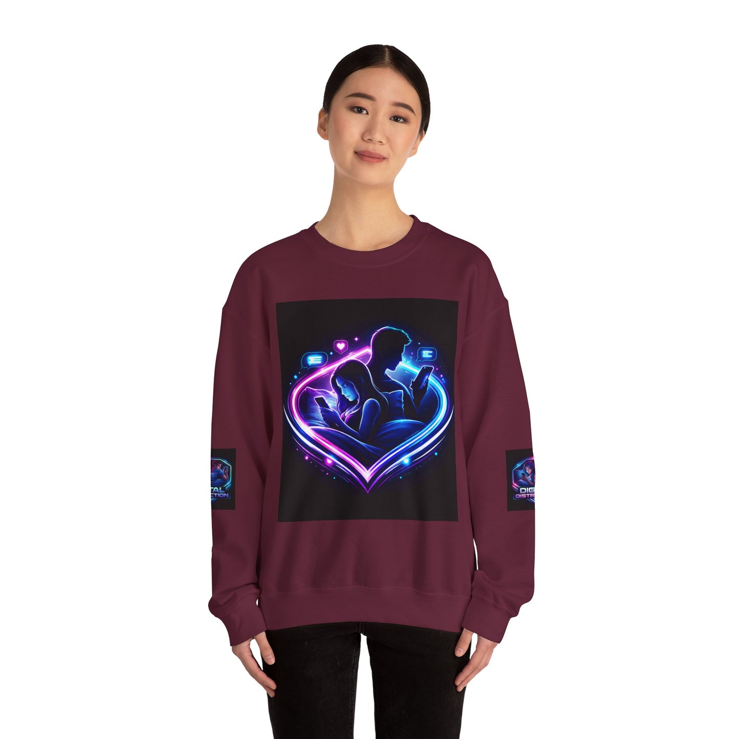 Crewneck Sweatshirt — Neon Couple in Bed Heart Illustration