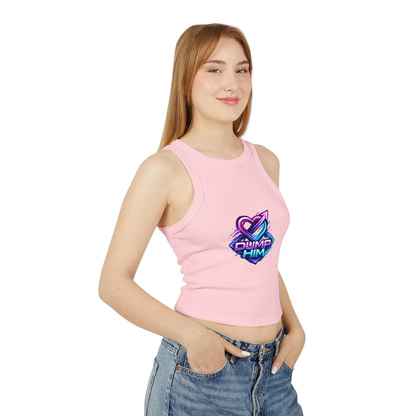 Dump Him Graphic Racer Tank Top — Bold Retro Heart Breakup Tee for Women