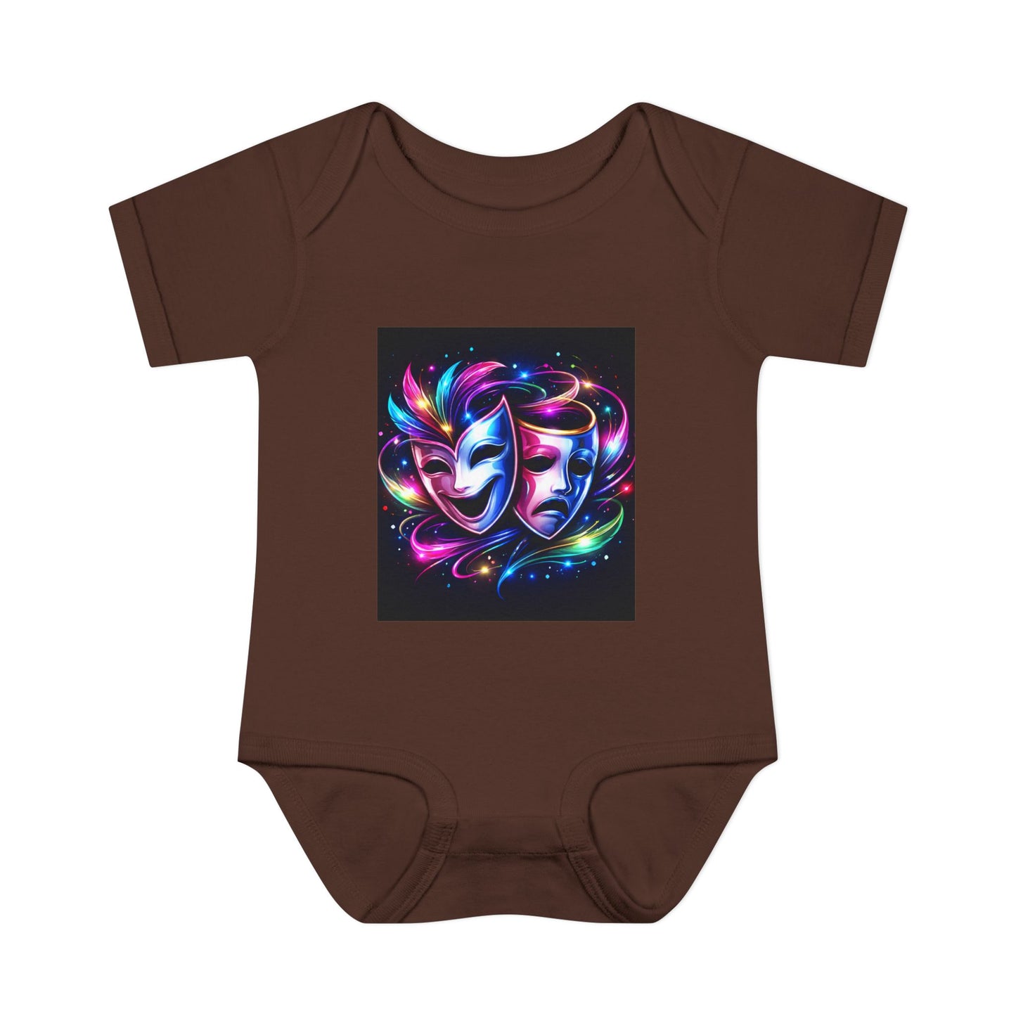 Neon Theatre Masks Infant Bodysuit — Colorful Drama Baby Onesie