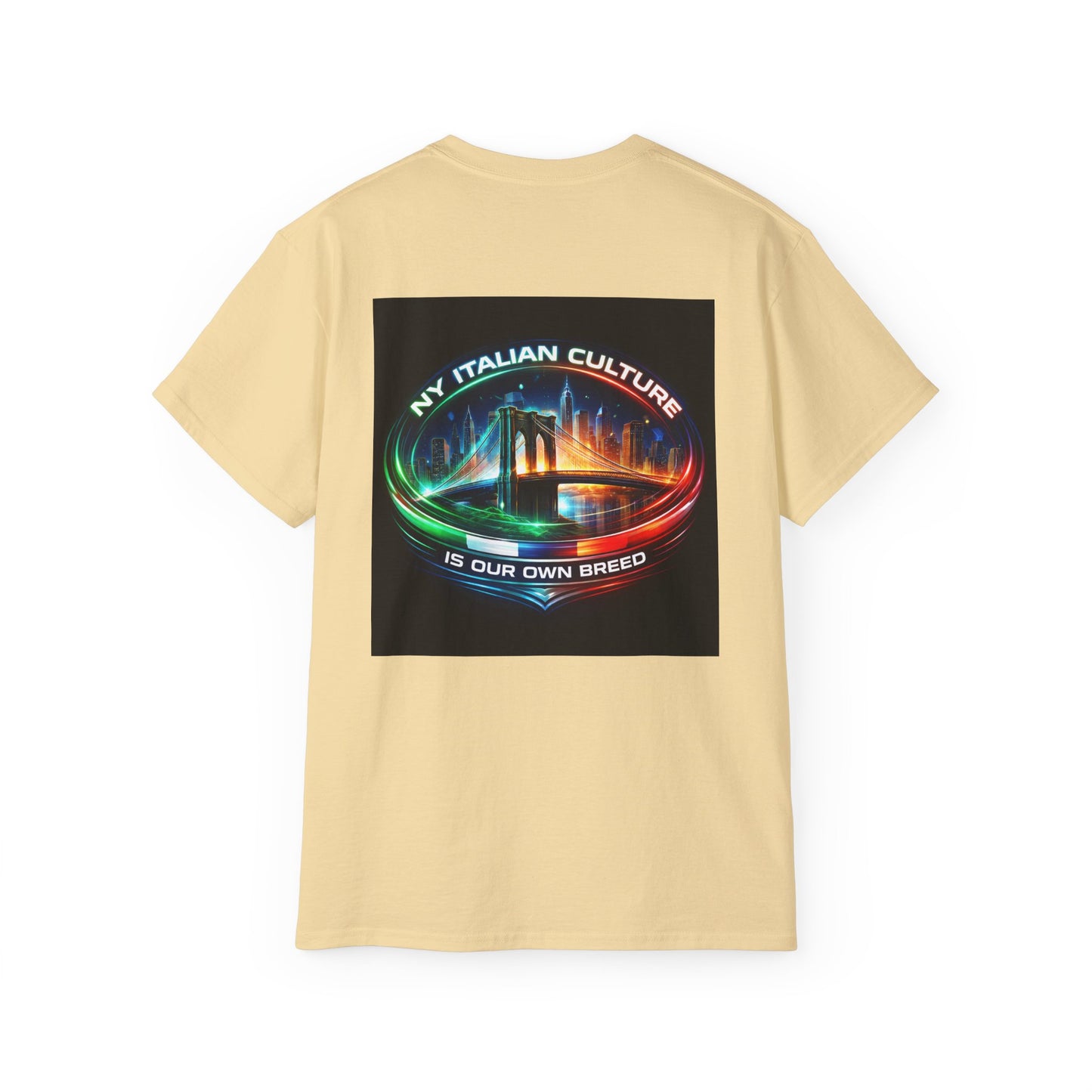 NY Italian Culture T‑Shirt — Retro Neon Brooklyn Bridge Graphic